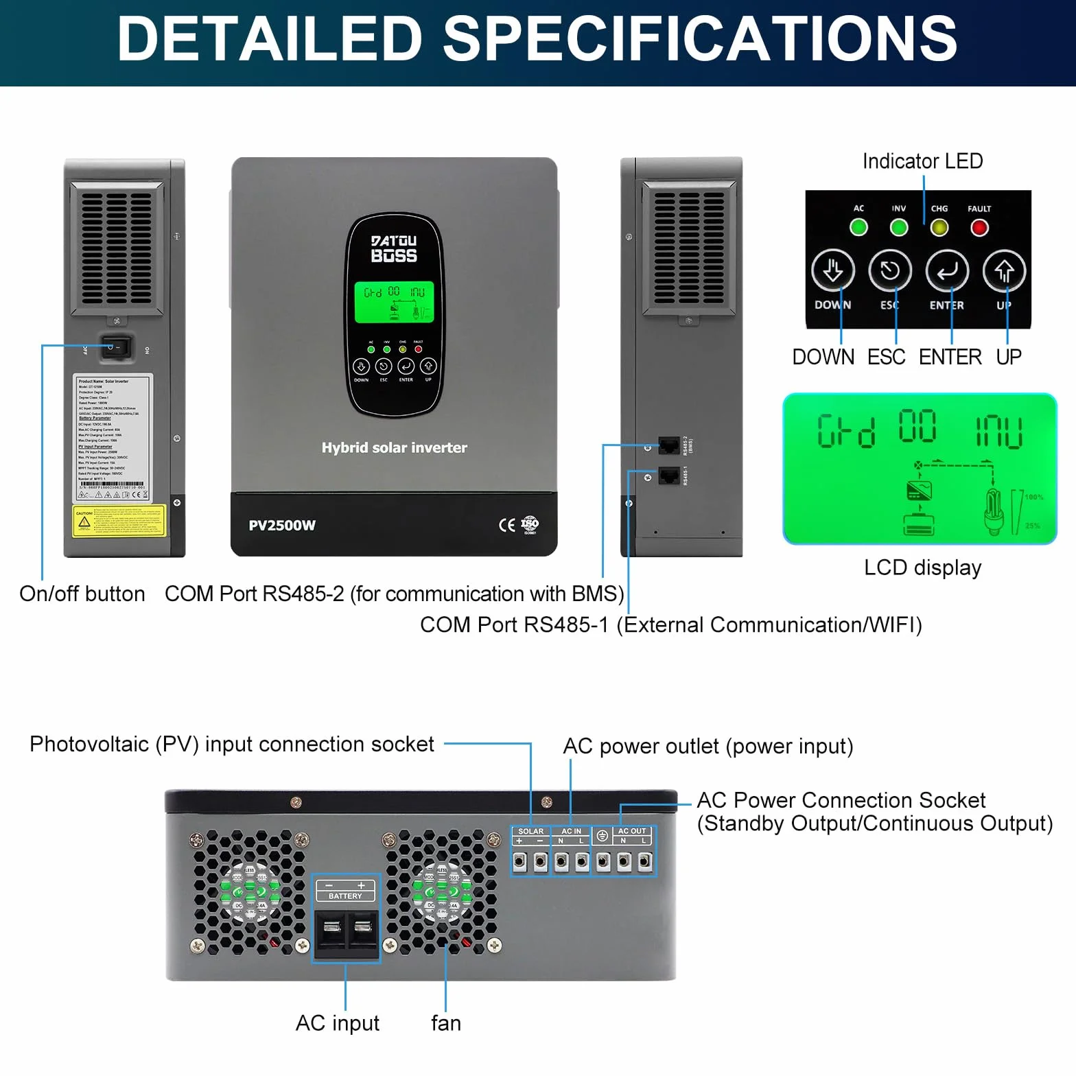 DATOUBOSS Inversor Solar Híbrido 1800W 12V Onda Sinusoidal Pura 12V a 230V con Regulador MPPT Sistema BMS Compatible con Baterías de Plomo Ácido y Litio Sistema Solar Off Grid