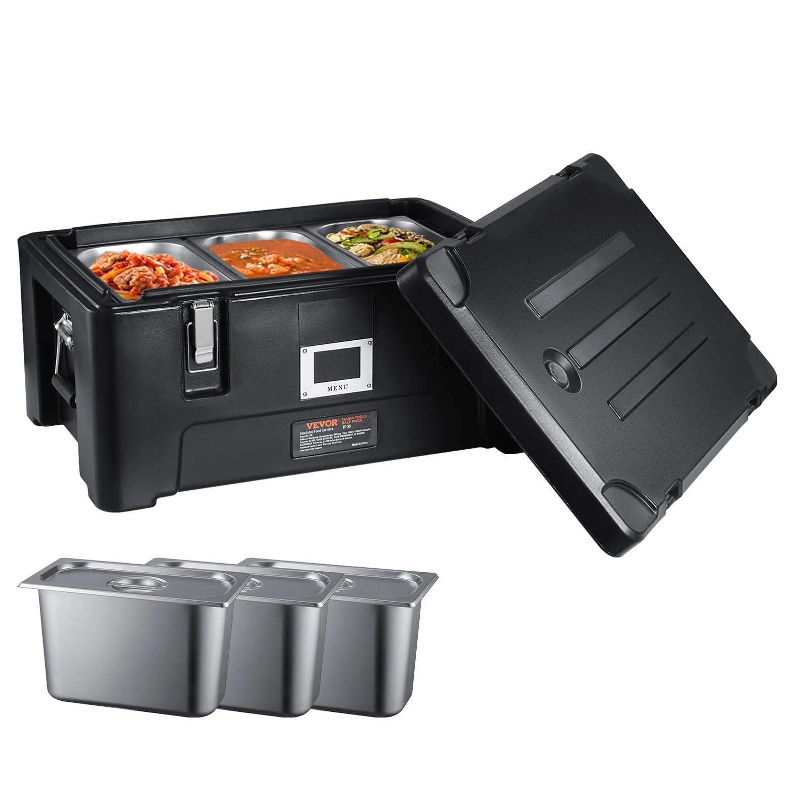 VEVOR Transportador de alimentos aislado 36 cuartos caja caliente apilable para catering con 3 sartenes de acero inoxidable calentador de alimentos LLDPE con asas laterales elásticas y hebillas, Negro