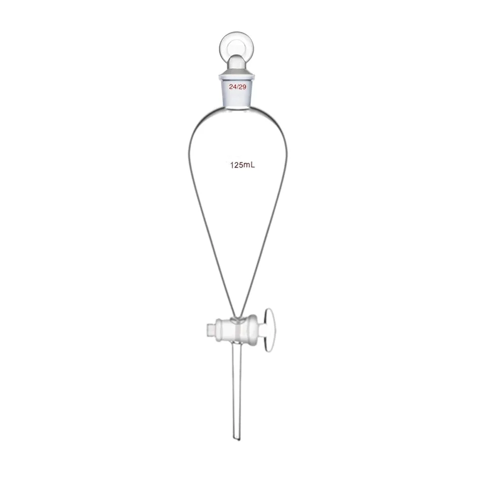 Embudo de separación piriforme de vidrio 24/29 de 125 ml con tubo de goteo recto y llave de paso de vidrio, cristalería de laboratorio
