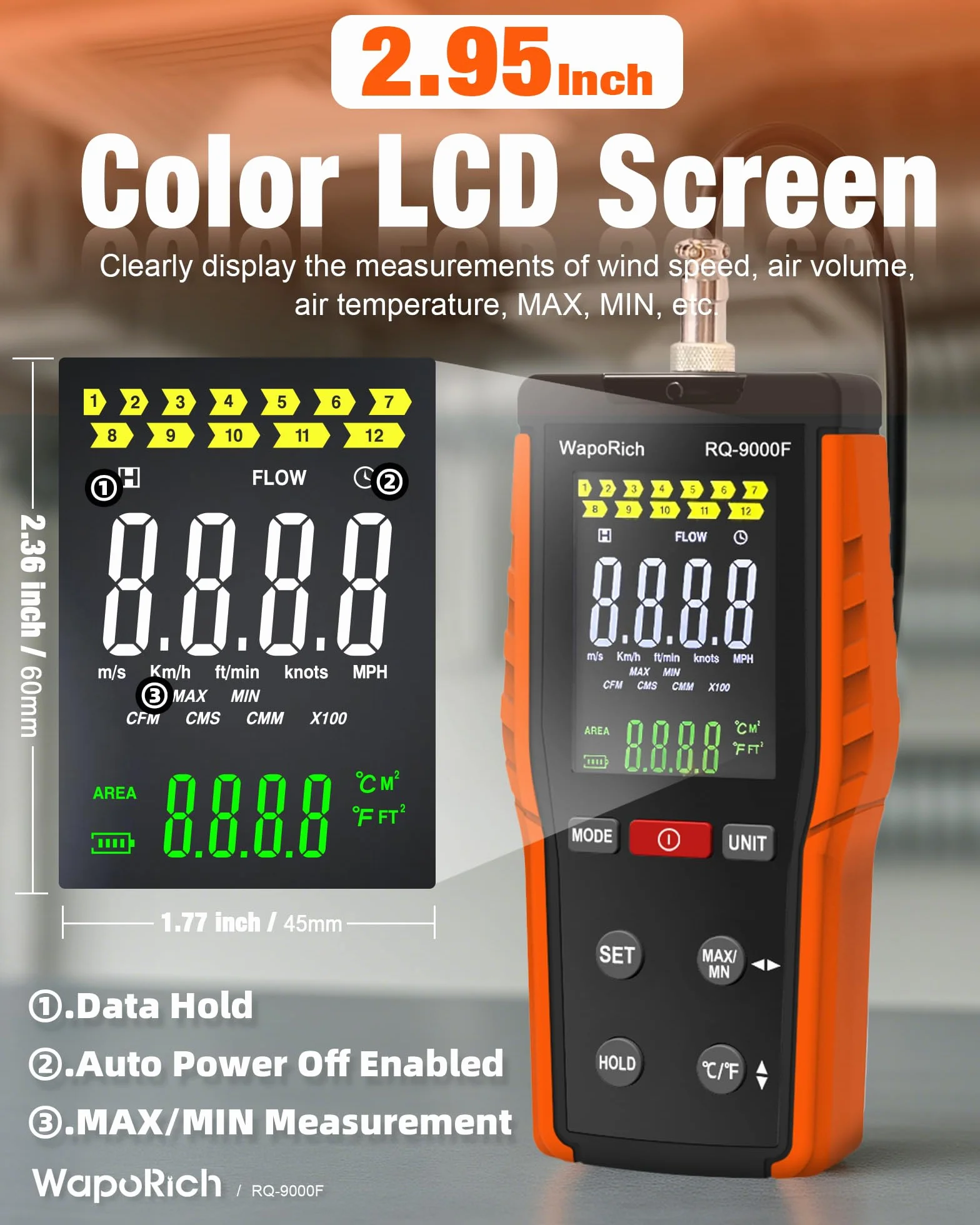 Anemómetro de Hilo Caliente Digital RQ-9000F Medidor Velocidad de Viento CFM CMM CMS Temp HVAC Kitesurf