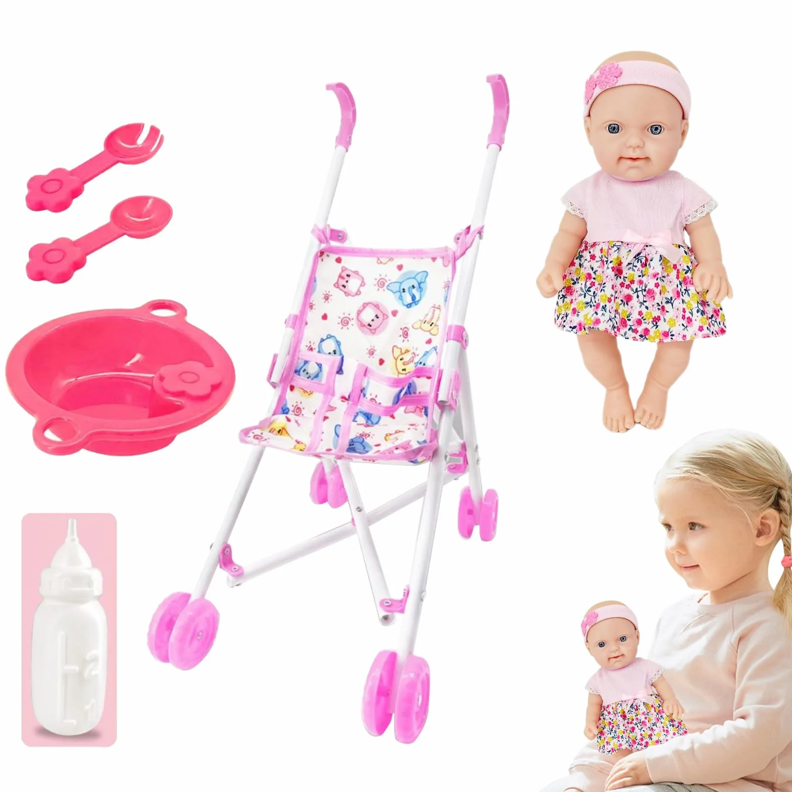 Conjunto De Cochecito De Muñeca Para Niños, Accesorios De Juego De Simulación Realista, 10 Pulgadas