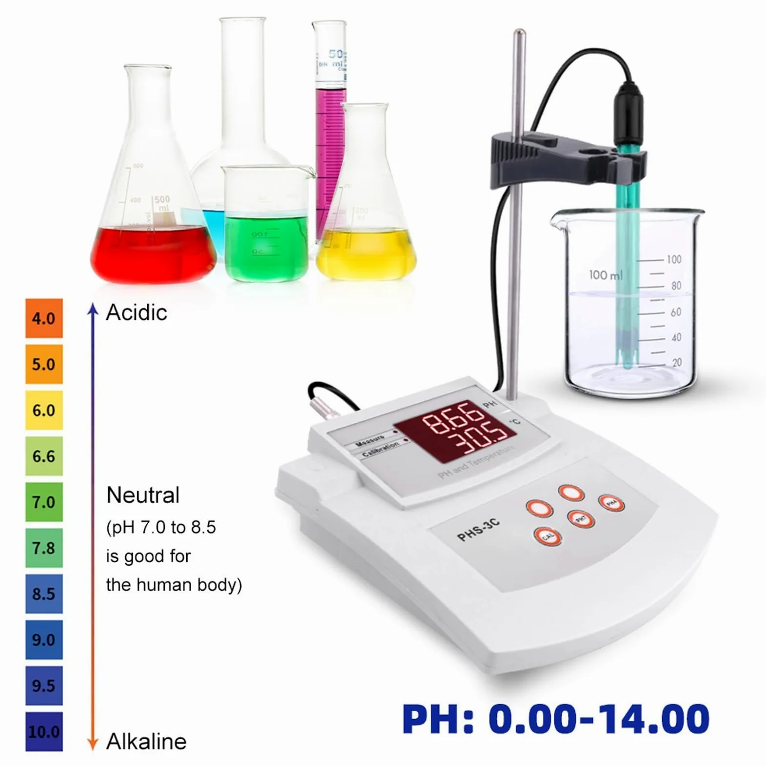 Medidor de pH digital de escritorio, medidor de pH de sobremesa for laboratorio, precisión de pH de ±0,01, pH/temperatura, 2 electrodos, calibración automática de 2 puntos