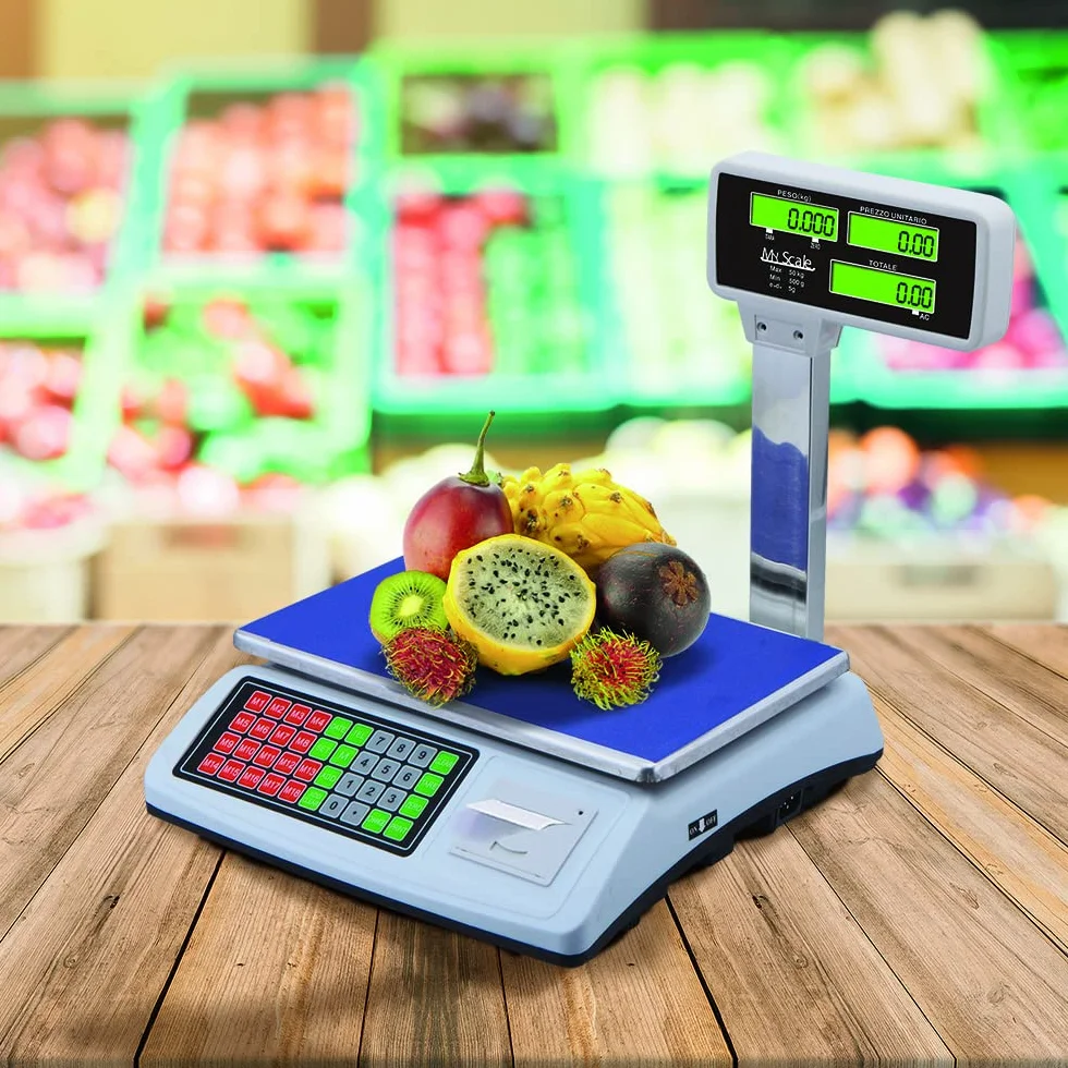 Báscula Digital Comercial 50kg con Impresora de Ticket, Balanza Electrónica de Alta Precisión 1/3000 F.S., Pantalla LED Doble, Función TARA y Cálculo de Precio, Ideal para Tienda y Frutería