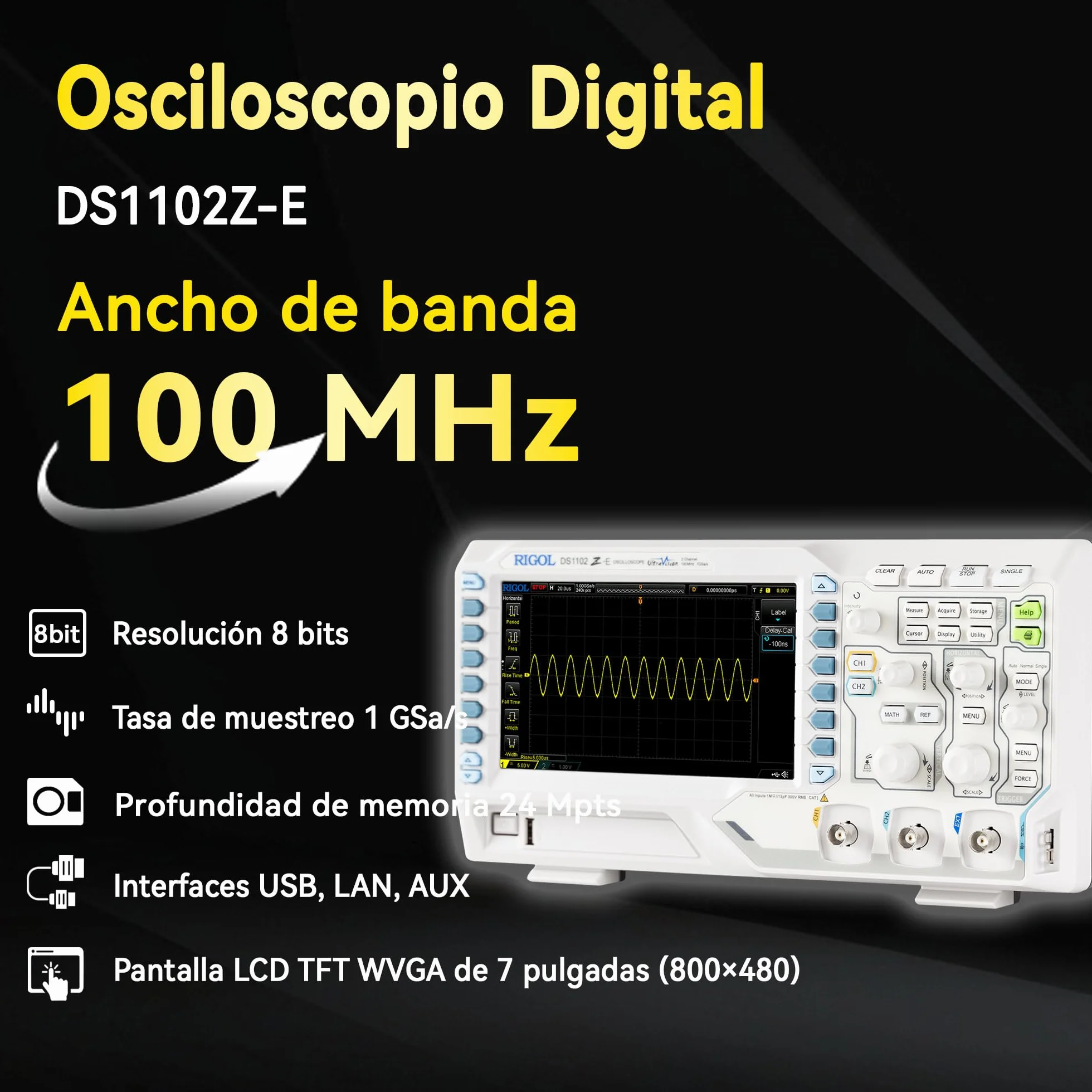 RIGOL Osciloscopio,DS1102Z-E Osciloscopio Digital,100 MHz,2 canales+EXT,pantalla de fósforo HD de 7 pulgadas,Alta relación calidad-precio,ideal para I+D,mantenimiento y enseñanza en laboratorio