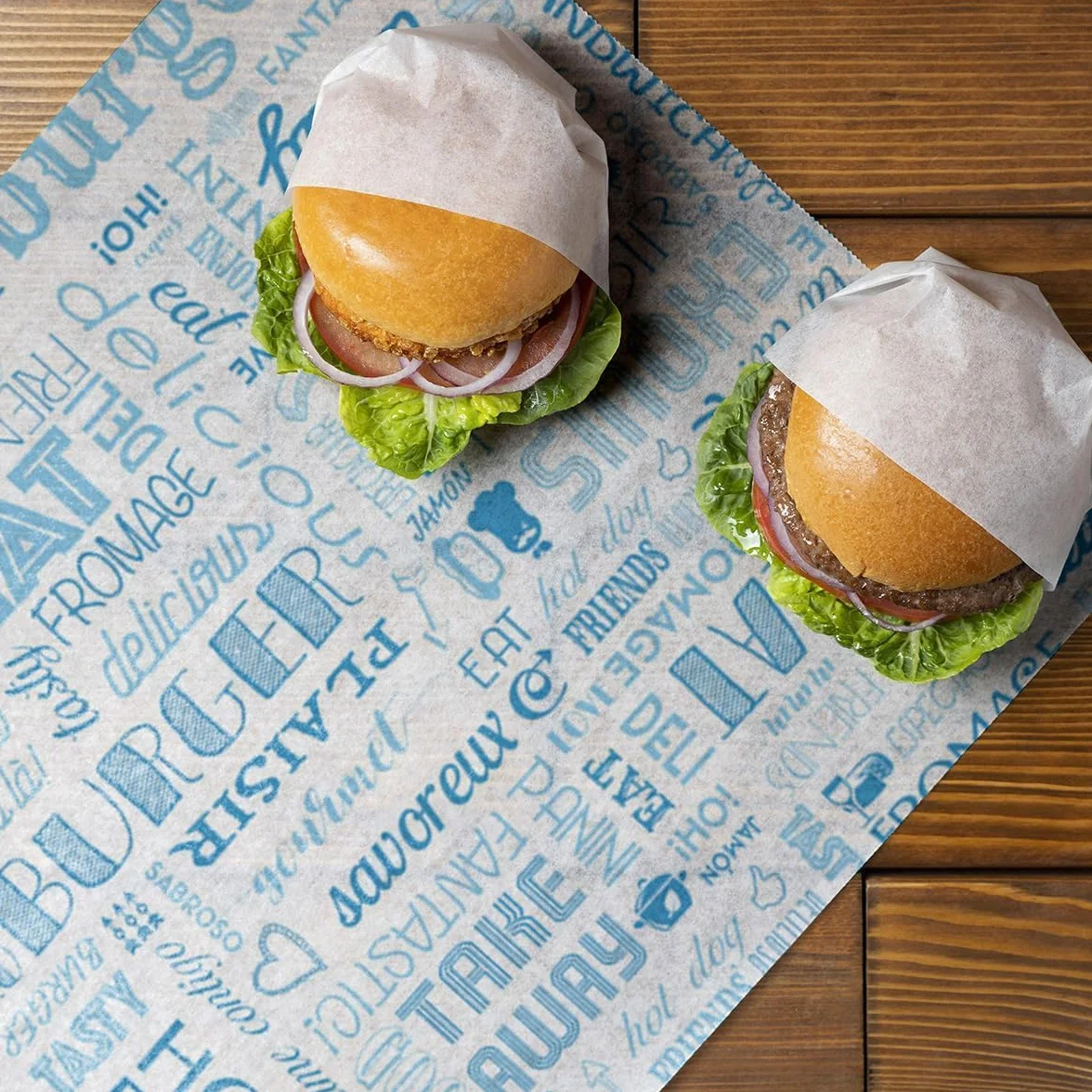 500 Piezas Papel Antigrasa Multicolor 30x20 cm - Hamburguesas, Kebab, Patrón Parole Naranja y Ajedrez