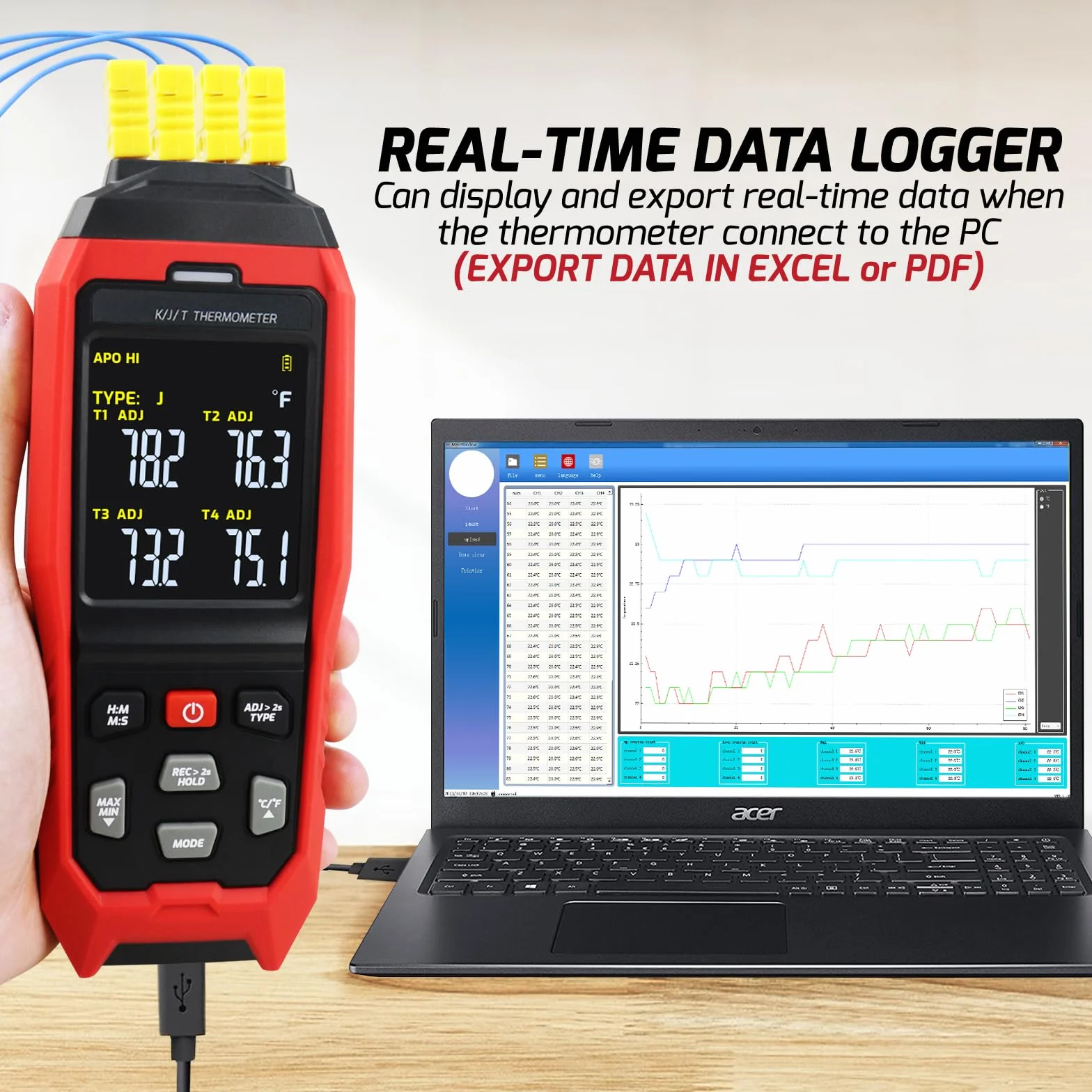 Registrador Digital de Datos Termopar Tipo K/J 4 Canales -200~1372°C Medidor Temperatura con Alarma