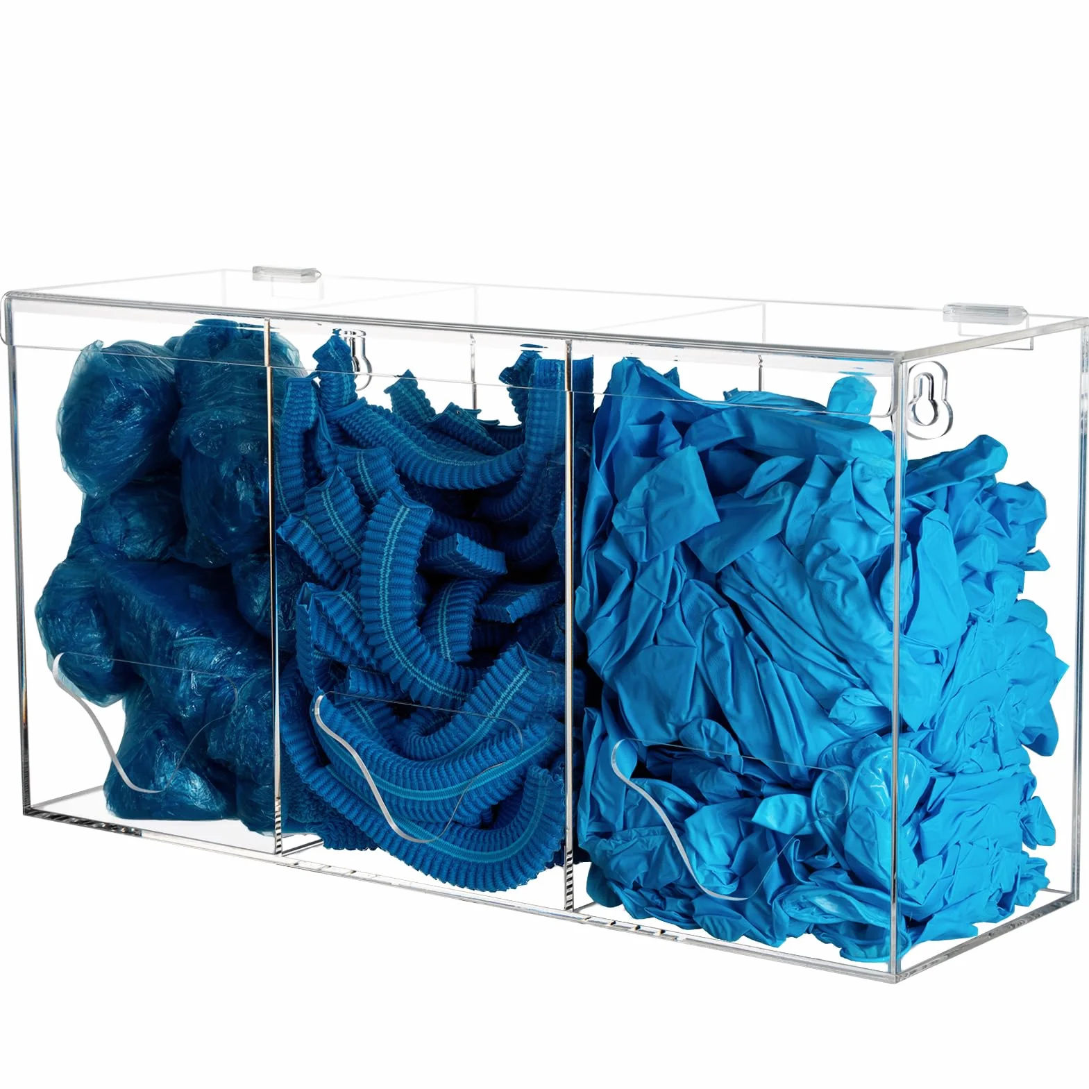 Dispensador de guantes acrílico 3 compartimentos soporte pared guantes desechables red pelo fundas zapatos caja almacenamiento