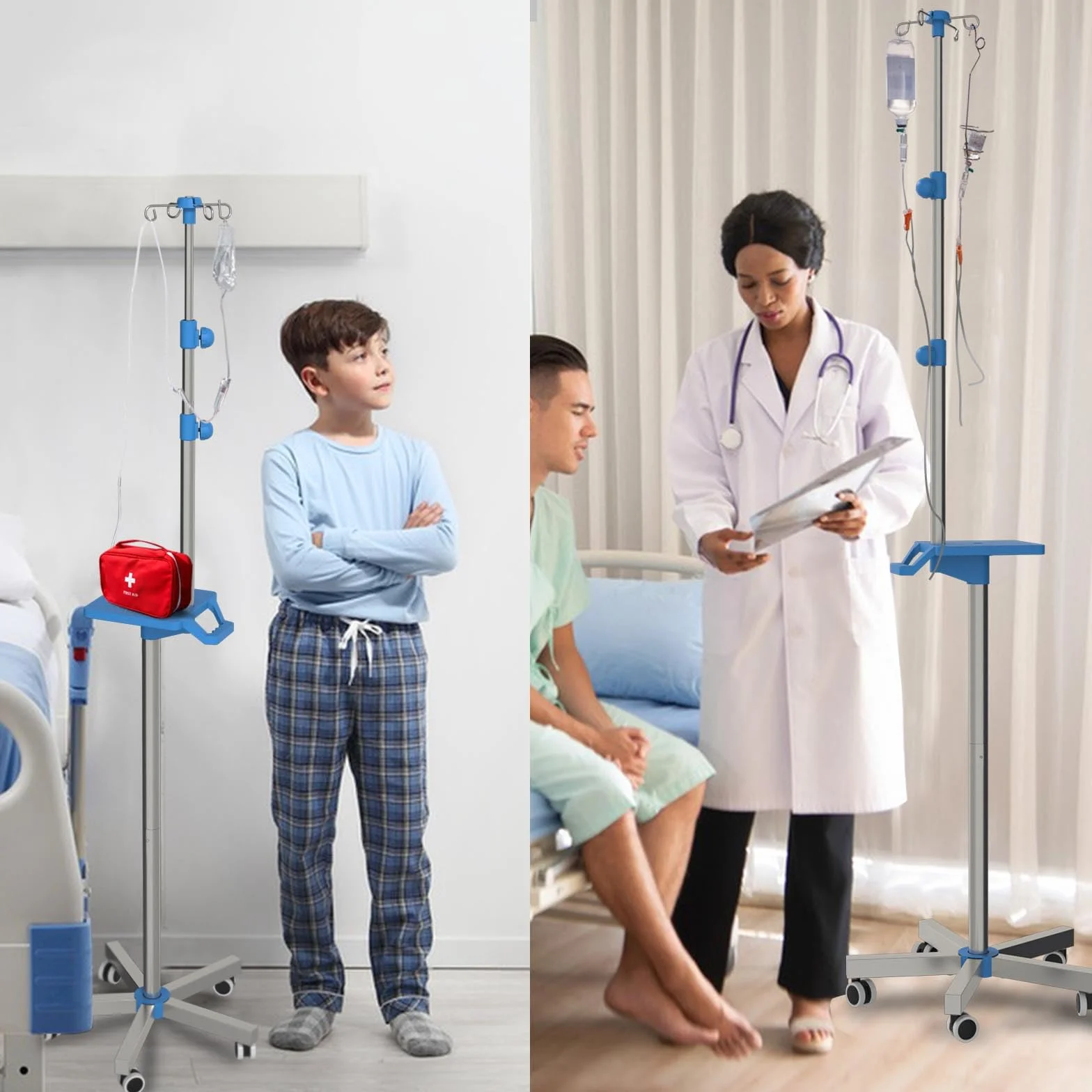 Moricher Soporte Rolling IV con bandeja, soporte de acero inoxidable IV con 4 ganchos, ruedas y construcción de altura ajustable para clínicas y hogares
