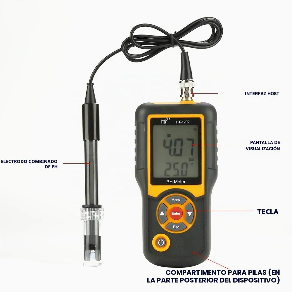 HT-1202 pHmetro,Mini PH Metro Electrónico Digital Profesional - con alta precisión de medición y con grandes pantallas LCD muestran simultáneamente PH o mV y temperatura