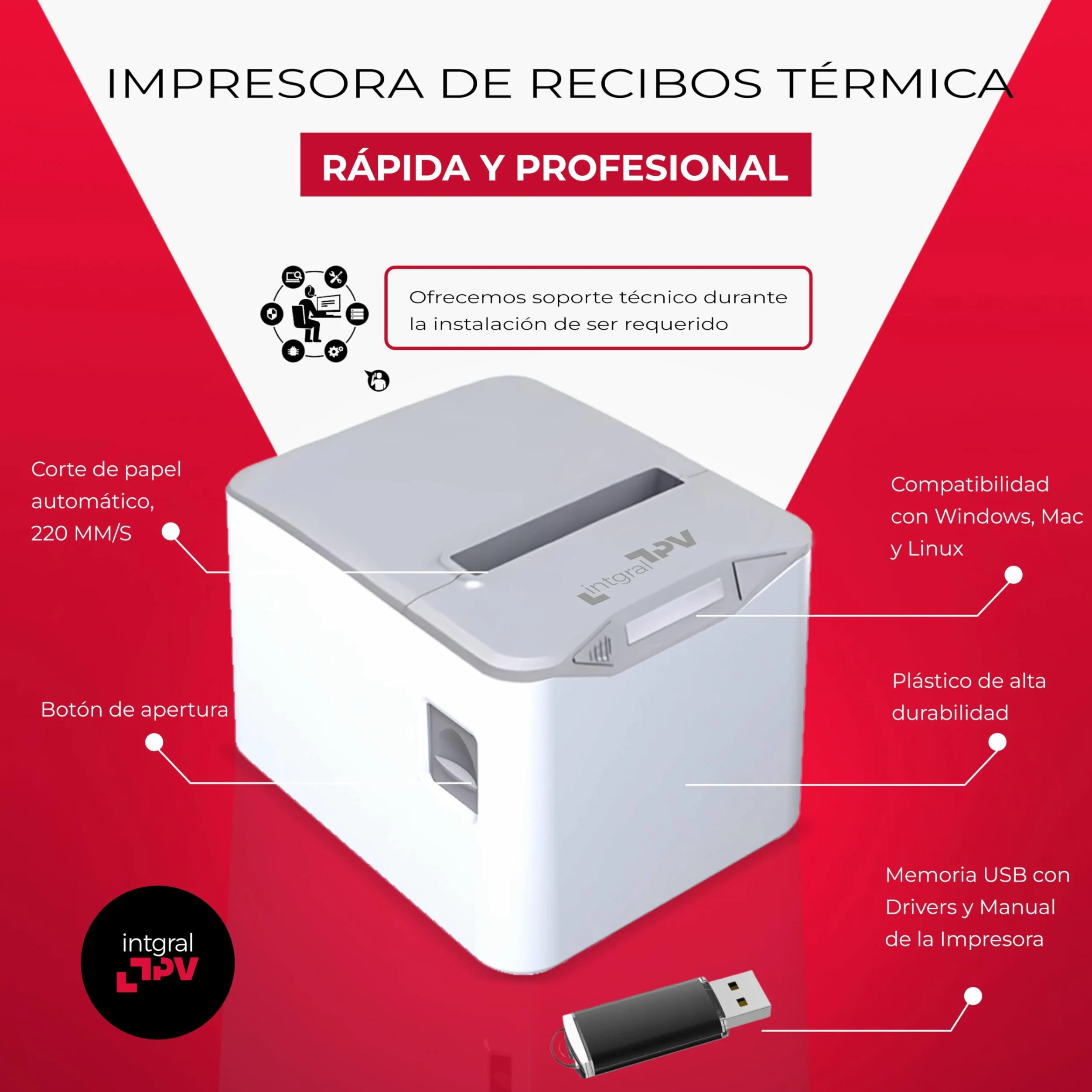 8370 Impresora Térmica de Recibos/Tickets 80mm – Puerto/Conexión: USB, RJ11 – Corte Automático – Windows, Linux, Mac – Rollo Extra y pendrive con Drivers – TPV POS (Blanco/Gris)