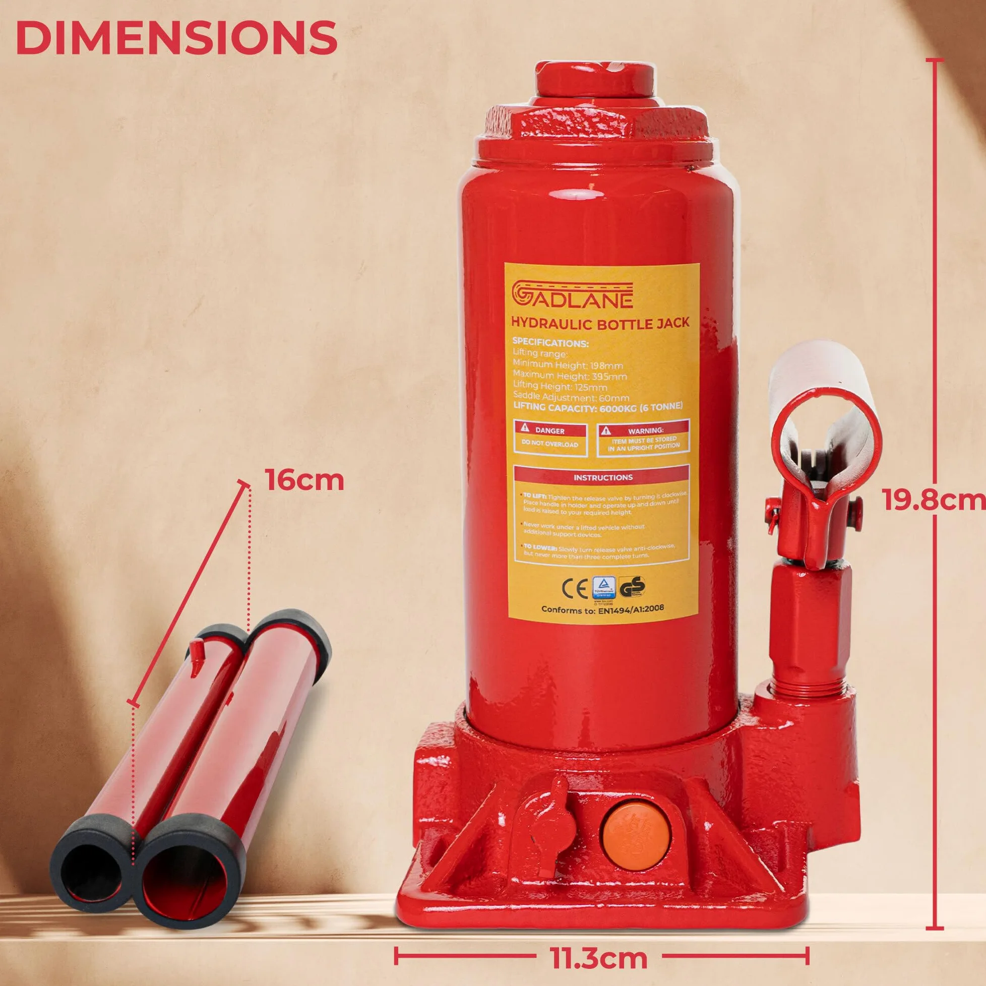 GADLANE Gato hidráulico para Botella de 6 toneladas, Acero aleado Resistente, válvula de sobrecarga de Seguridad, Mango de Ajuste rápido, para Coches Grandes, Furgonetas, autocaravanas