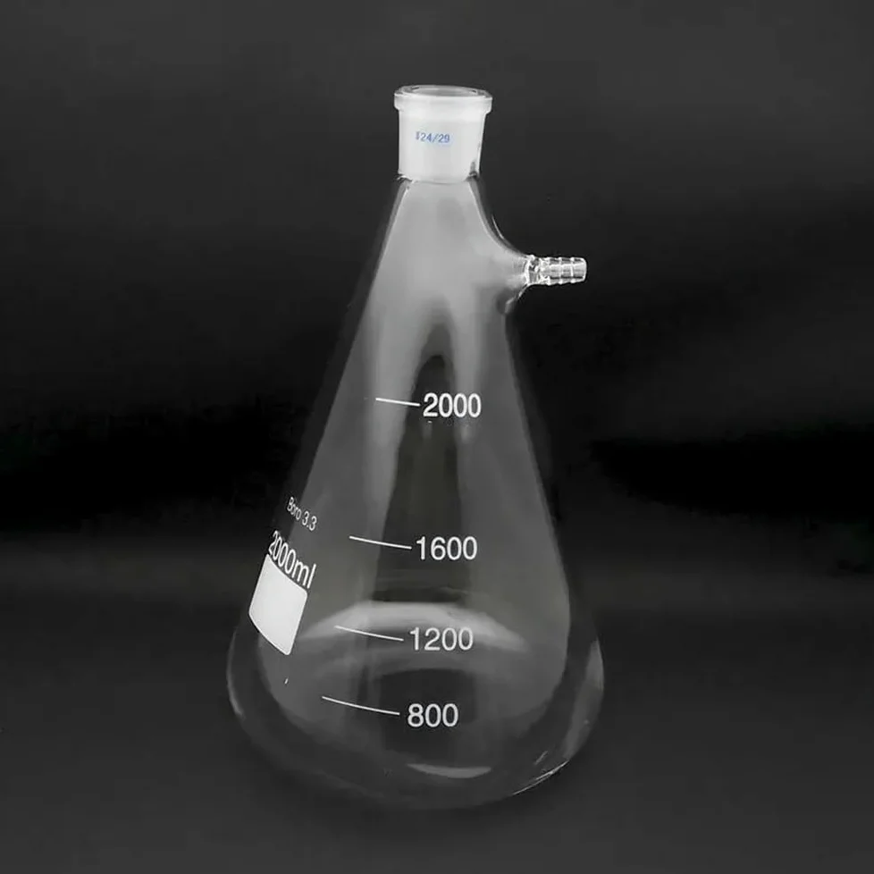 Cristalería de Laboratorio Matraz cónico de vidrio con succión, de boca esmerilada, de 250 ml a 2000 ml, 1 unidad.(2000ml caliber 24mm)