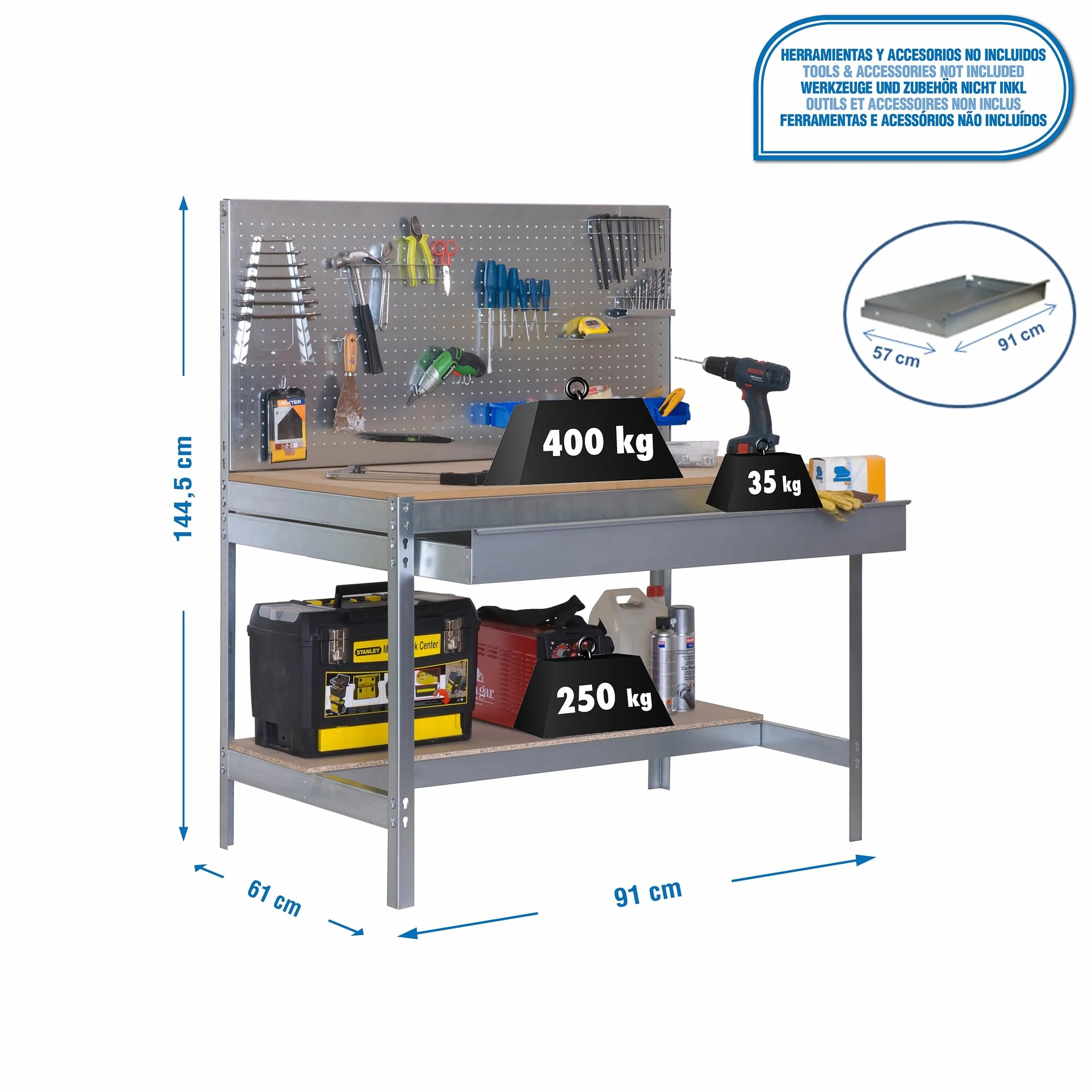 Simon Rack Banco de Trabajo Taller 400 kg 1445x910x610 mm Galvanizado Madera BT2