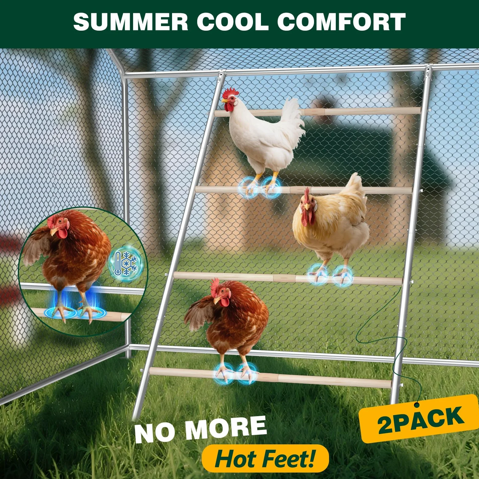 Percha de pollo para gallinero, barras de gallina, juguetes de granja, escalera de gallo para aves de corral, paquete de 2 (58 pulgadas de largo x 32 pulgadas de ancho)