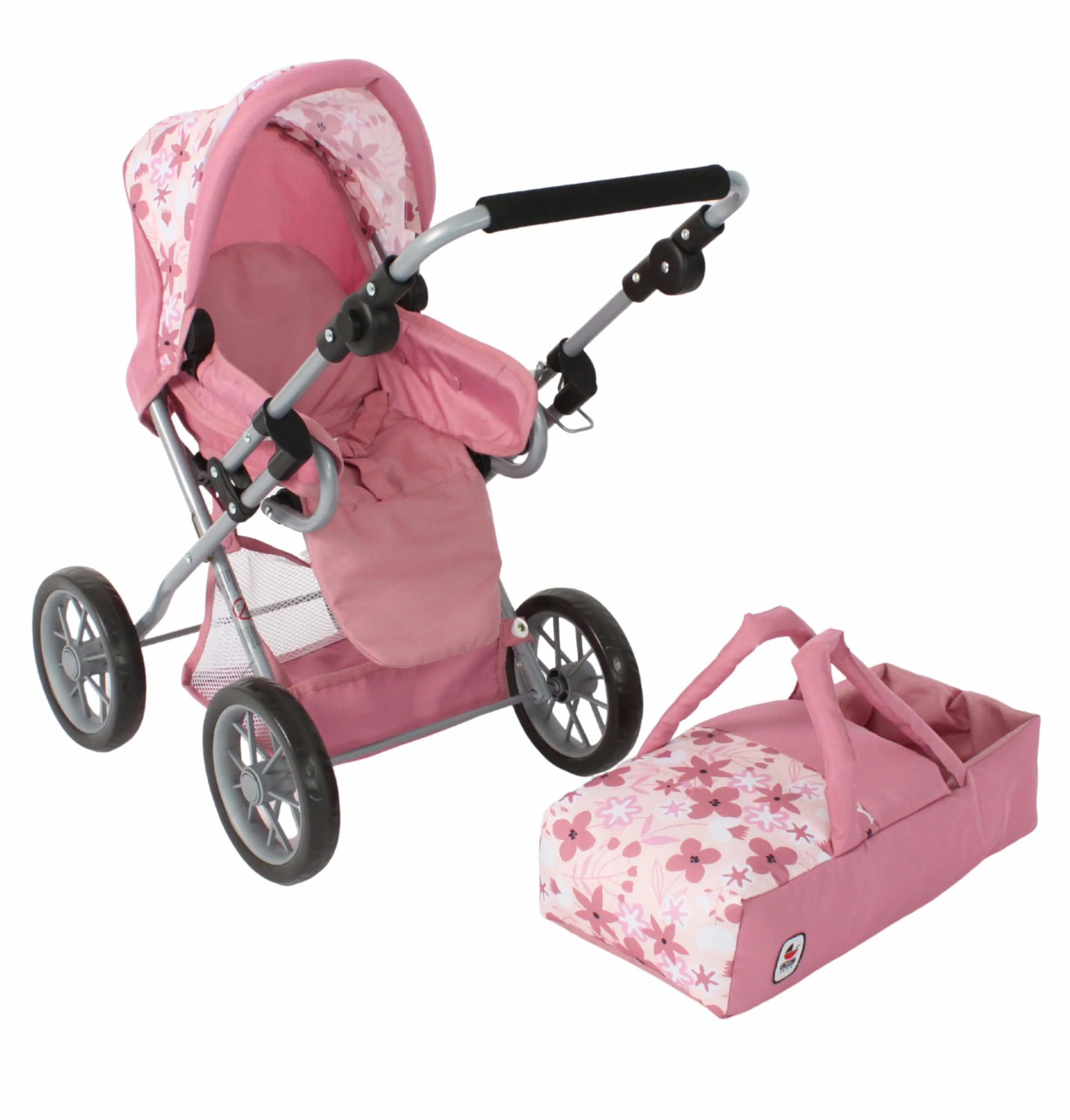 Bayer Chic 2000 Cochecito 3 en 1 Combi para muñecas Leni Flores Rosa Plegable Mango Ajustable 43-67 cm