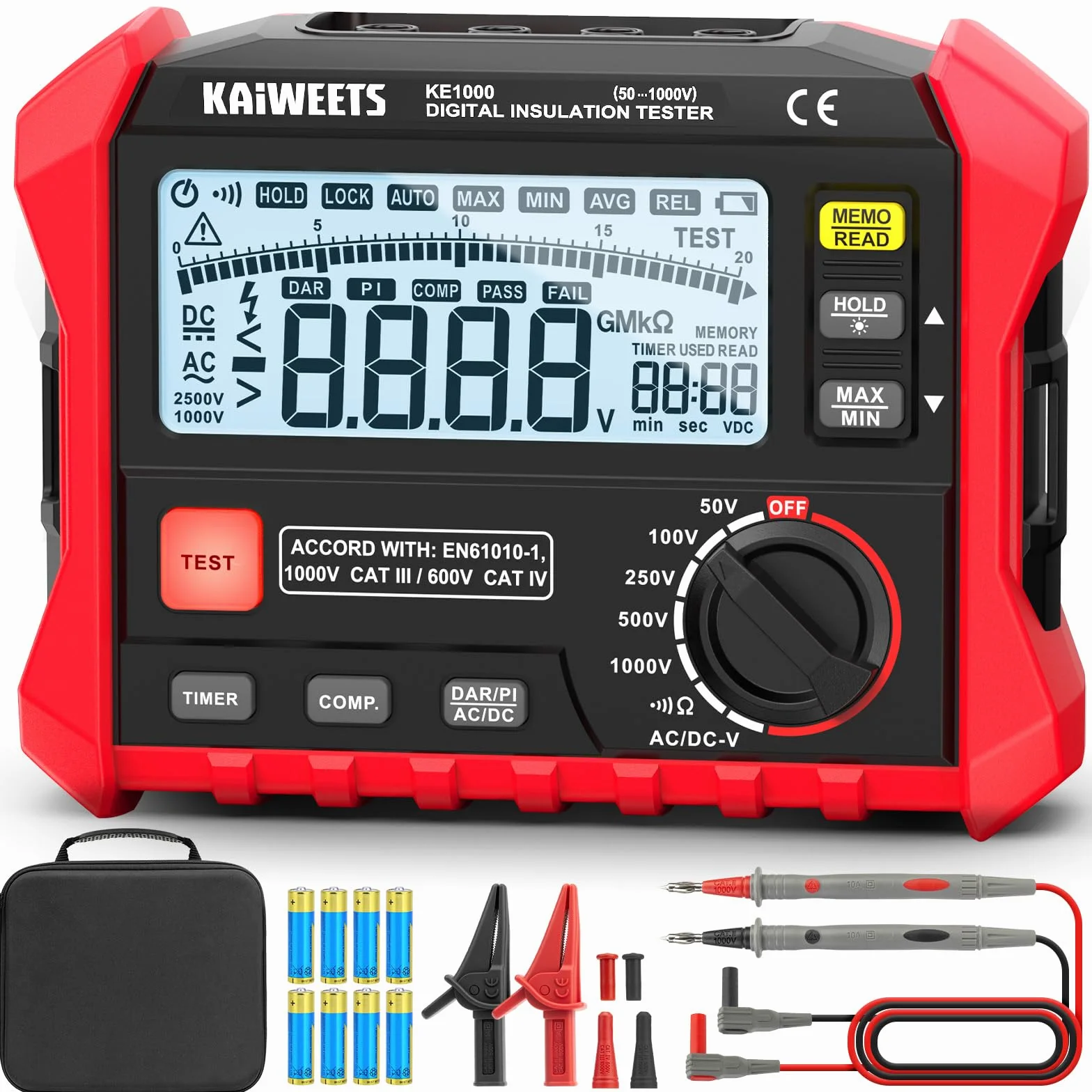 KAIWEETS Medidor de aislamiento de resistencia de aislamiento de hasta 100 GΩ, 50 V/100 V/250 V/500 V/1000 V, DAR/PI, con prueba de voltaje CA/CC para motores, solar, HVAC