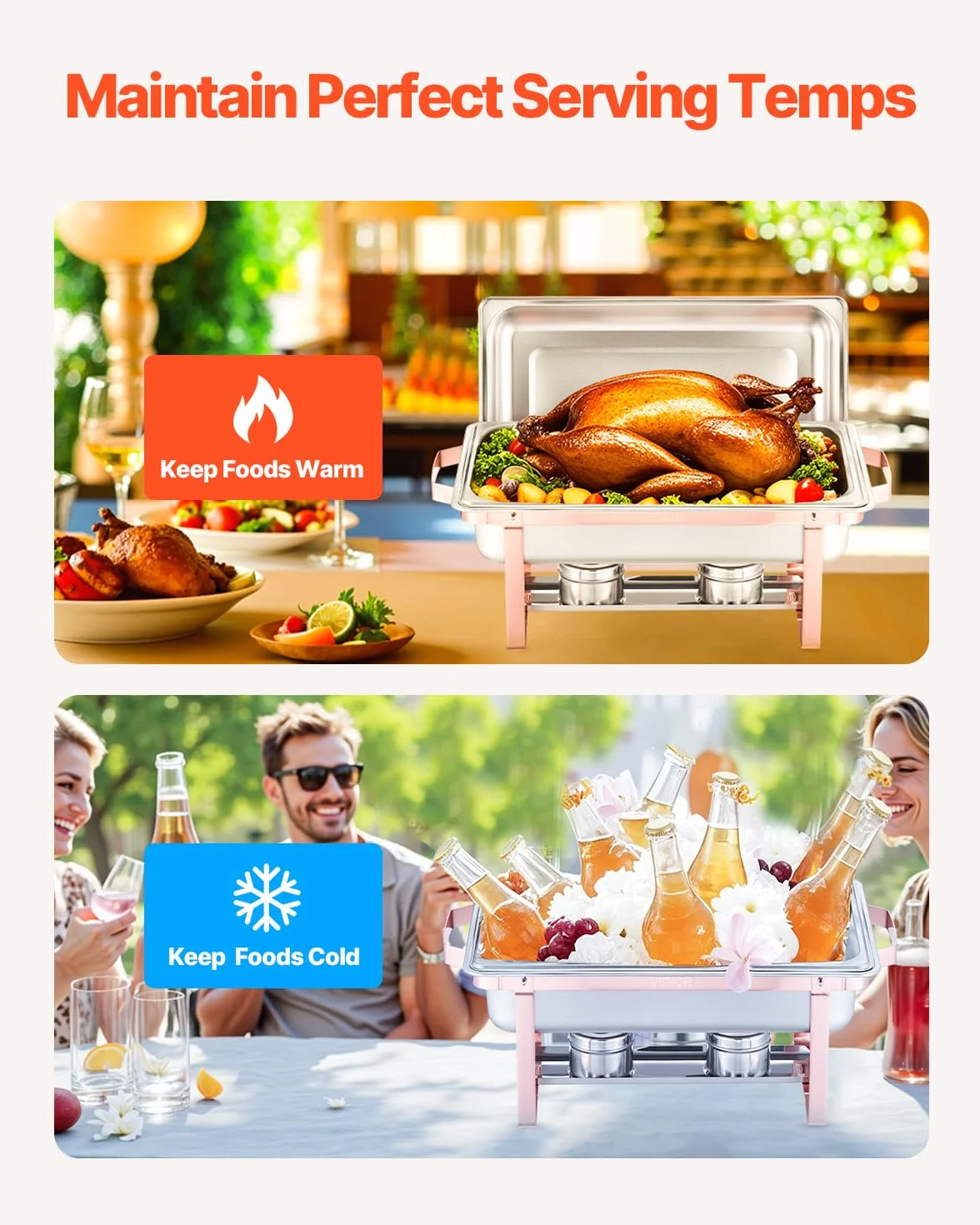 VEVOR Juego de 2 Platos para Calentar Alimentos Acero Inoxidable 7,5 L con Tapa y Soporte, Oro Rosa