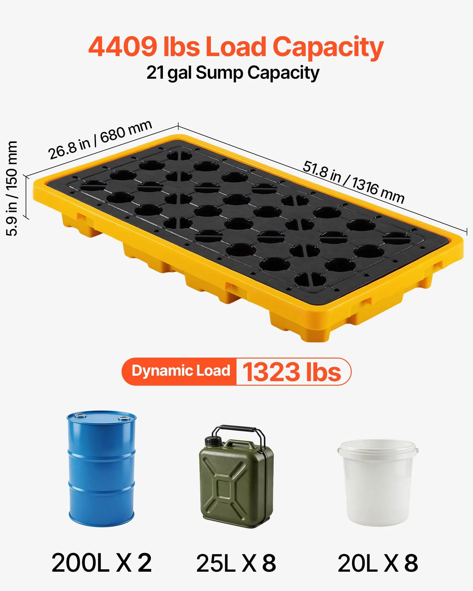 VEVOR Palet de Contención de Derrames para 2 Bidones, Capacidad de Carga 2000 kg, de Depósito de 79,5 L, Bandeja Antiderrames de HDPE con Drenaje, Apilable, Uso Industrial y Almacenamiento de Líquidos
