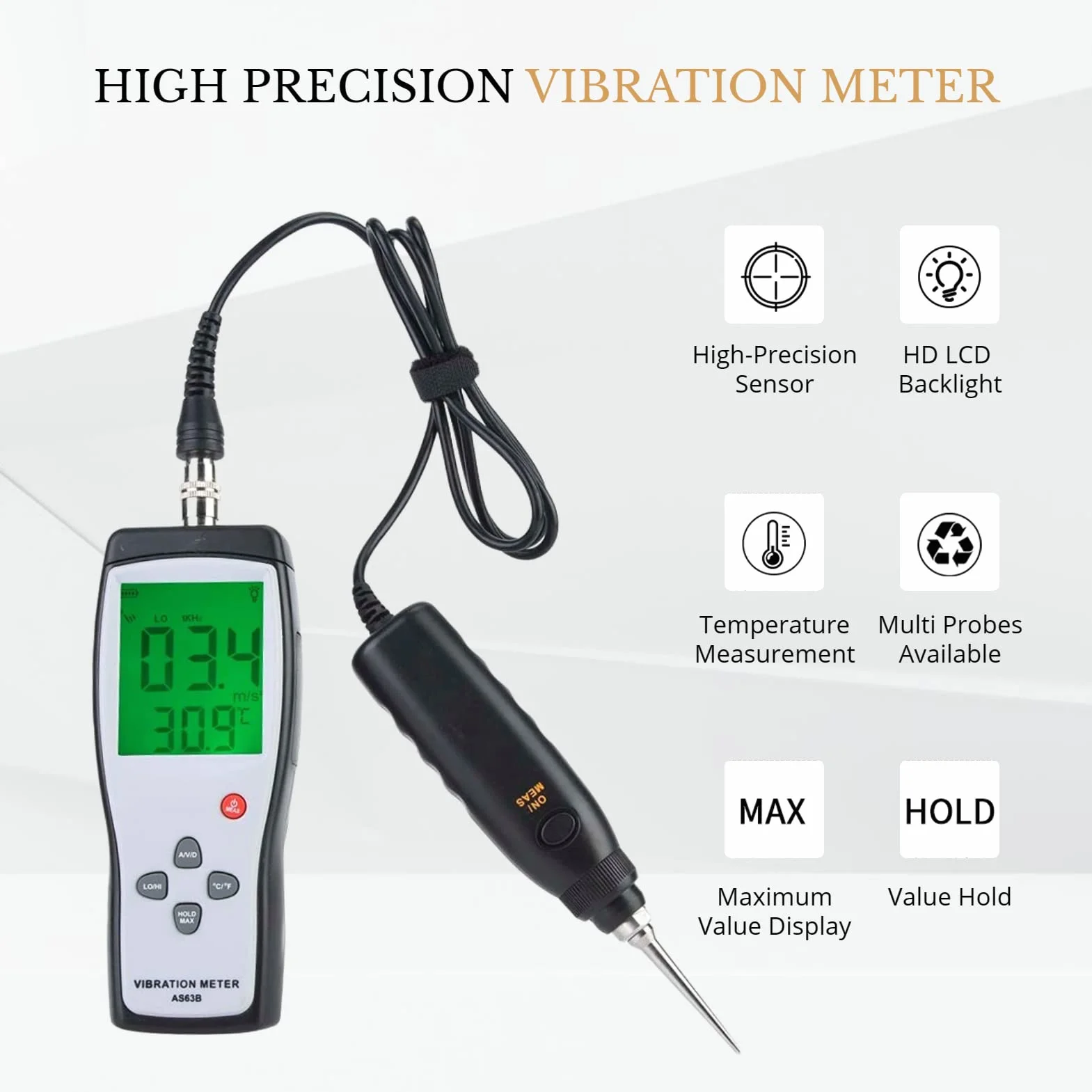 Probador de Vibraciones, AS63B Pantalla LCD Retroiluminación Analizador de Medidor de Vibrómetro Portátil, Vibrómetro de Alta Sensibilidad Medidor de Vibración Digital con Estuche de Almacenamiento