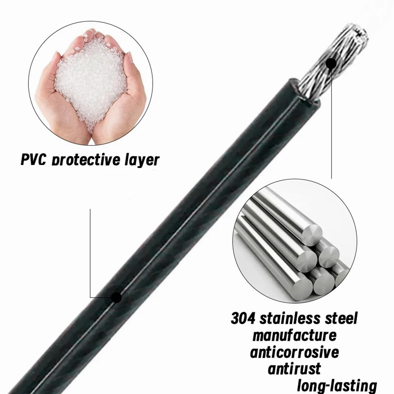Alambre De Acero Plastificado Cable de acero inoxidable 304 recubierto PVC negro, cable flexible blando