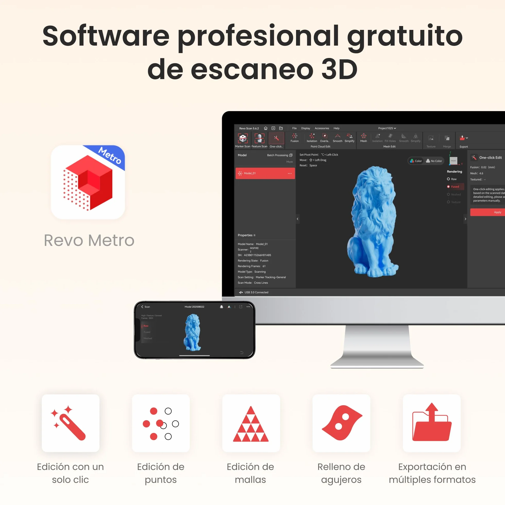 Revopoint INSPIRE 2 Escáner 3D para Impresión 3D, Precisión hasta 0,03 mm, Láser Multilínea y Luz Estructurada, Escaneo Inalámbrico y Exterior, a Todo Color, para iOS/Android/Win10/11, Estándar