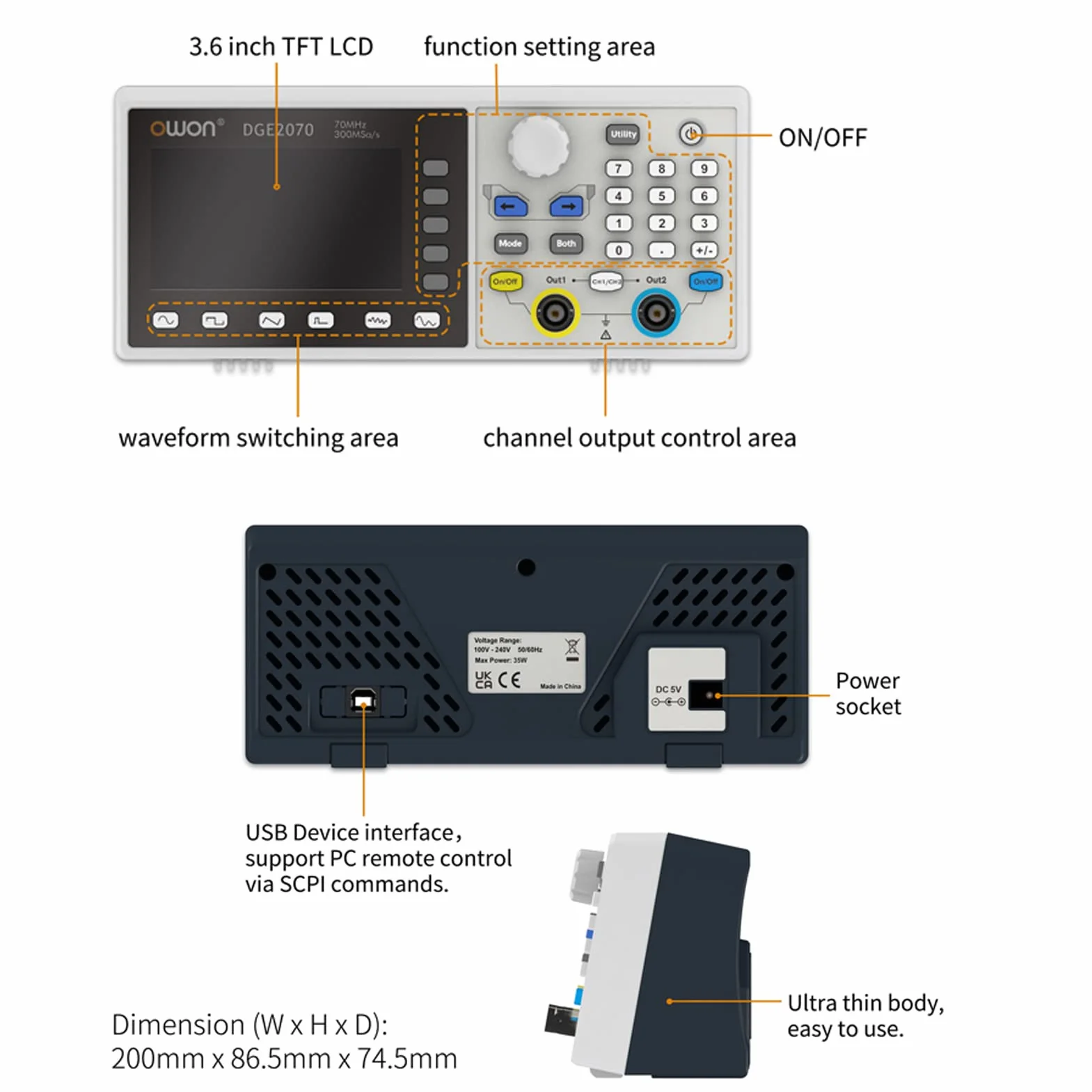OWON DGE2070 Arbitrary Waveform Generador AWG 14bit resolución vertical 2CH 70MHz 300MSa/s 3,6 pulgadas LCD Digital Señal Generador