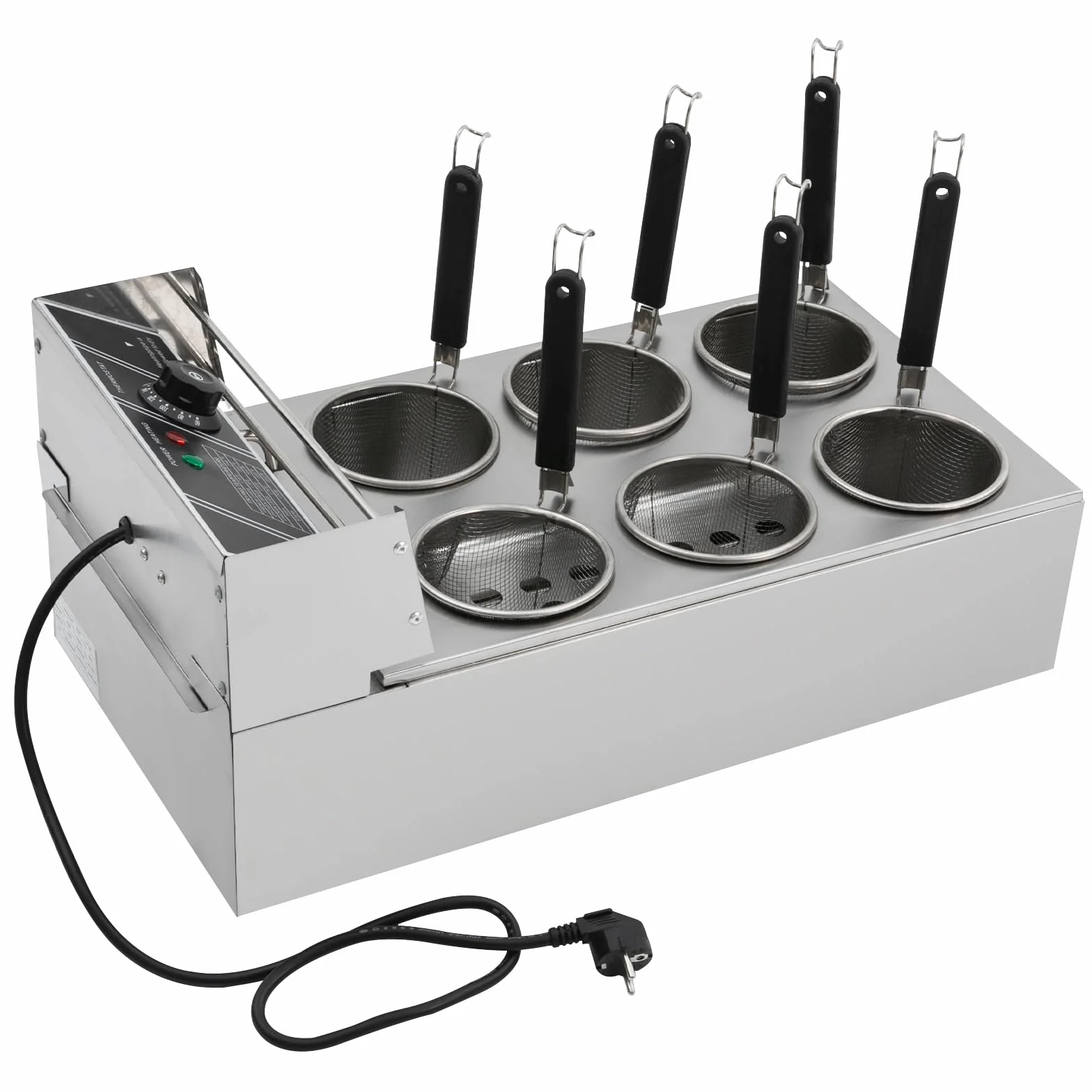 Hervidor de pasta eléctrico, 6 cestas, acero inoxidable, 2000 W, 20 L, calefacción rápida 60 – 200 °C, restaurante merienda, 6 ingredientes paralelos, 64 x 35 x 31 cm