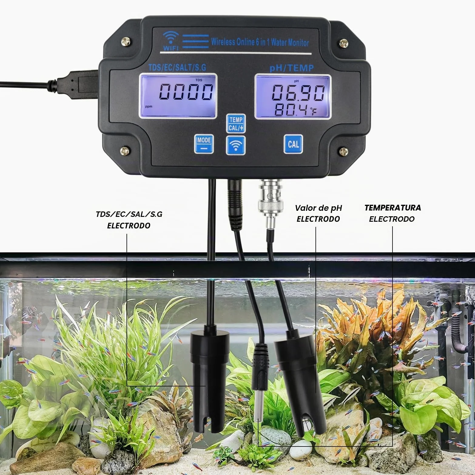 Monitor Profesional 6 en 1 para Medir la Calidad del Agua pH, TDS, EC, Salinidad, SG y Temperatura Sensor Inteligente Wi-Fi con Aplicación y Eegistro de Datos para Acuarios e Hidroponía