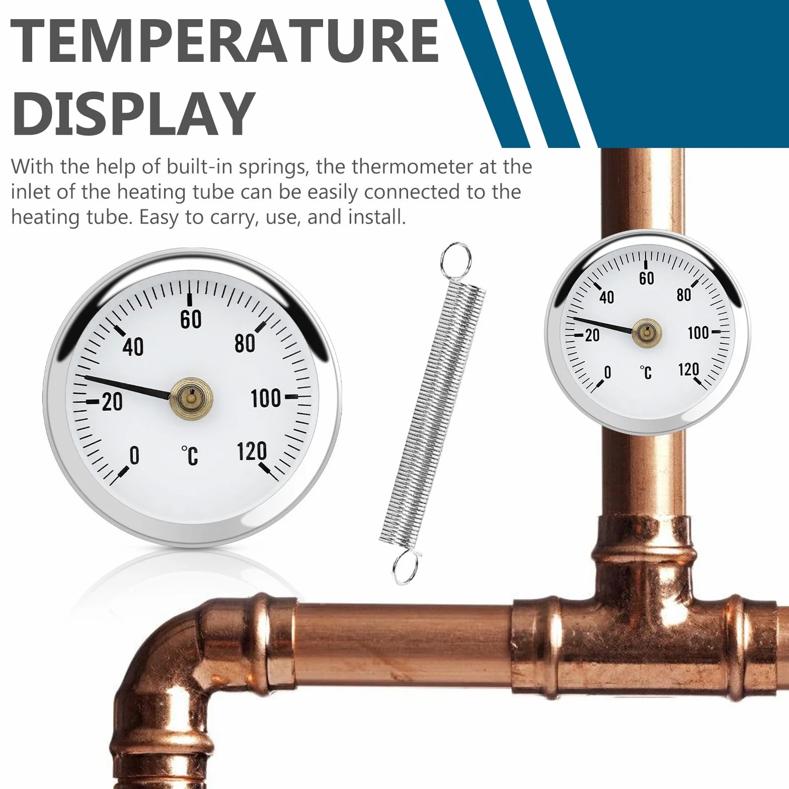 Termómetro para calefacción 0-120 °C, indicador de temperatura con muelle de clip, tubo 63 mm, 6 unidades