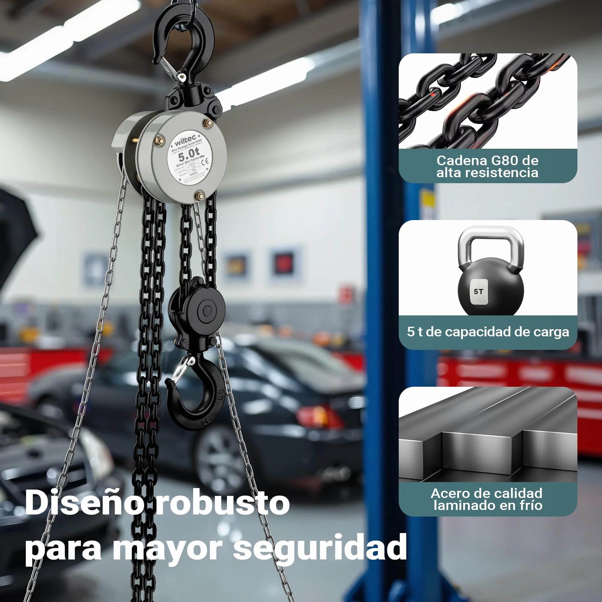 Wiltec Mini polipasto manual de cadena capacidad de carga hasta 5 t altura de elevación hasta 5 m cadena G80 de 5 m ganchos giratorios ideal entornos industriales y profesionales