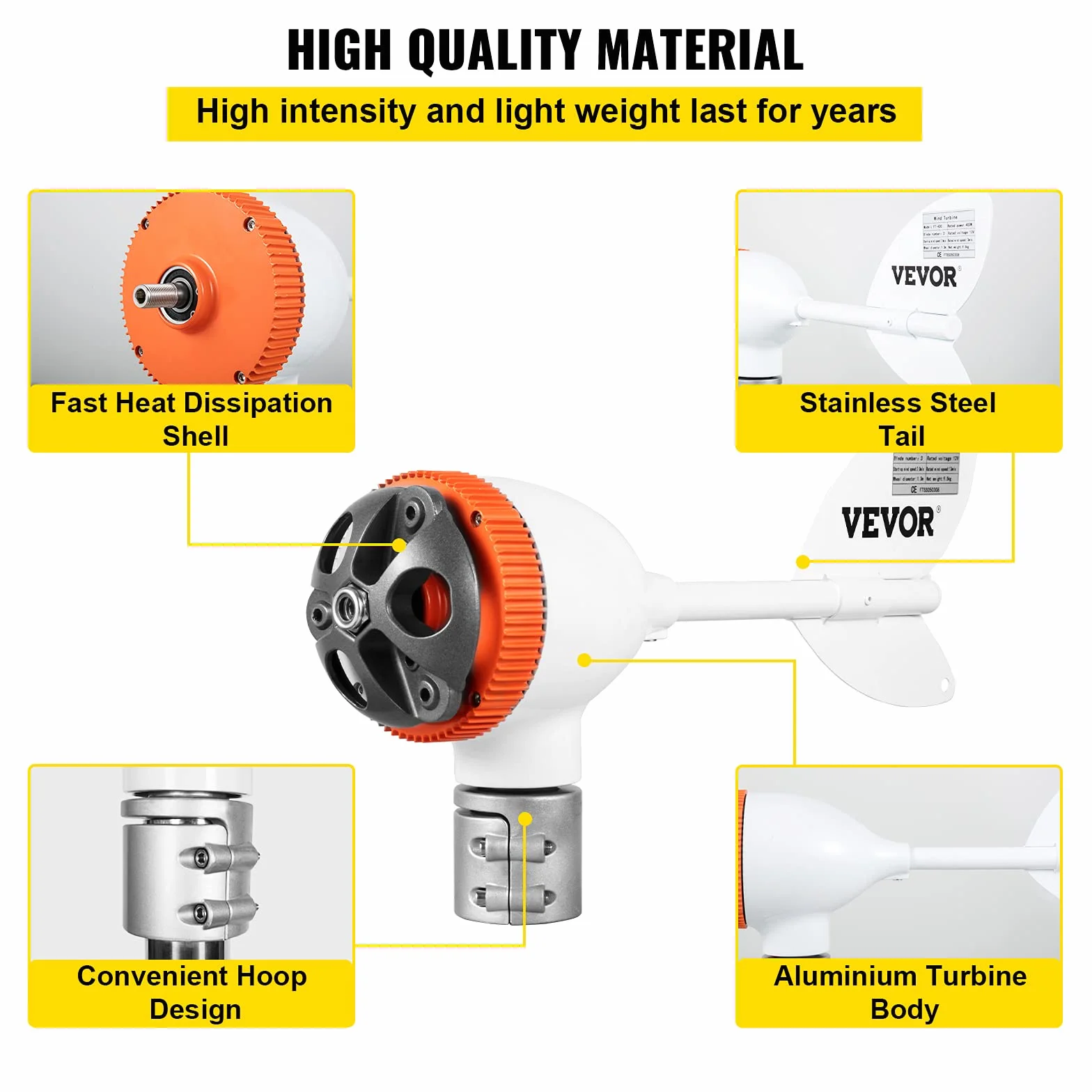 VEVOR Generador de Turbina Eólica 12 V 400 W Aerogenerador Horizontal 3 Cuchillas Velocidad Nominal 13 m/s Kit de Turbina Eólica Resistente y Durable con Controlador de Carga, Chalets, Blanco