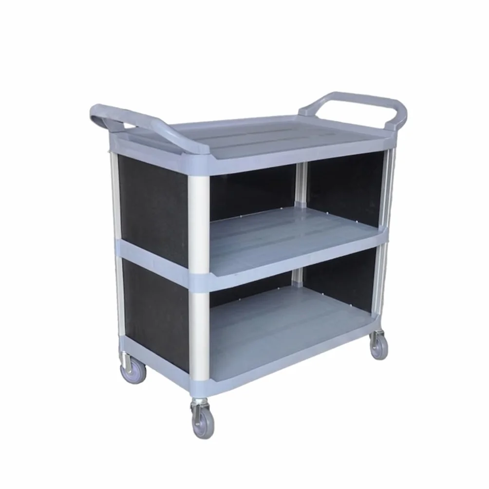 Carro Camarera Profesional Cuarz Gris Cerrado con 3 Bandejas | Laterales Cerrados | Polipropileno Resistente | 4 Ruedas Ø10 cm | Capacidad 140 kg | Ideal para Hostelería y Almacenes