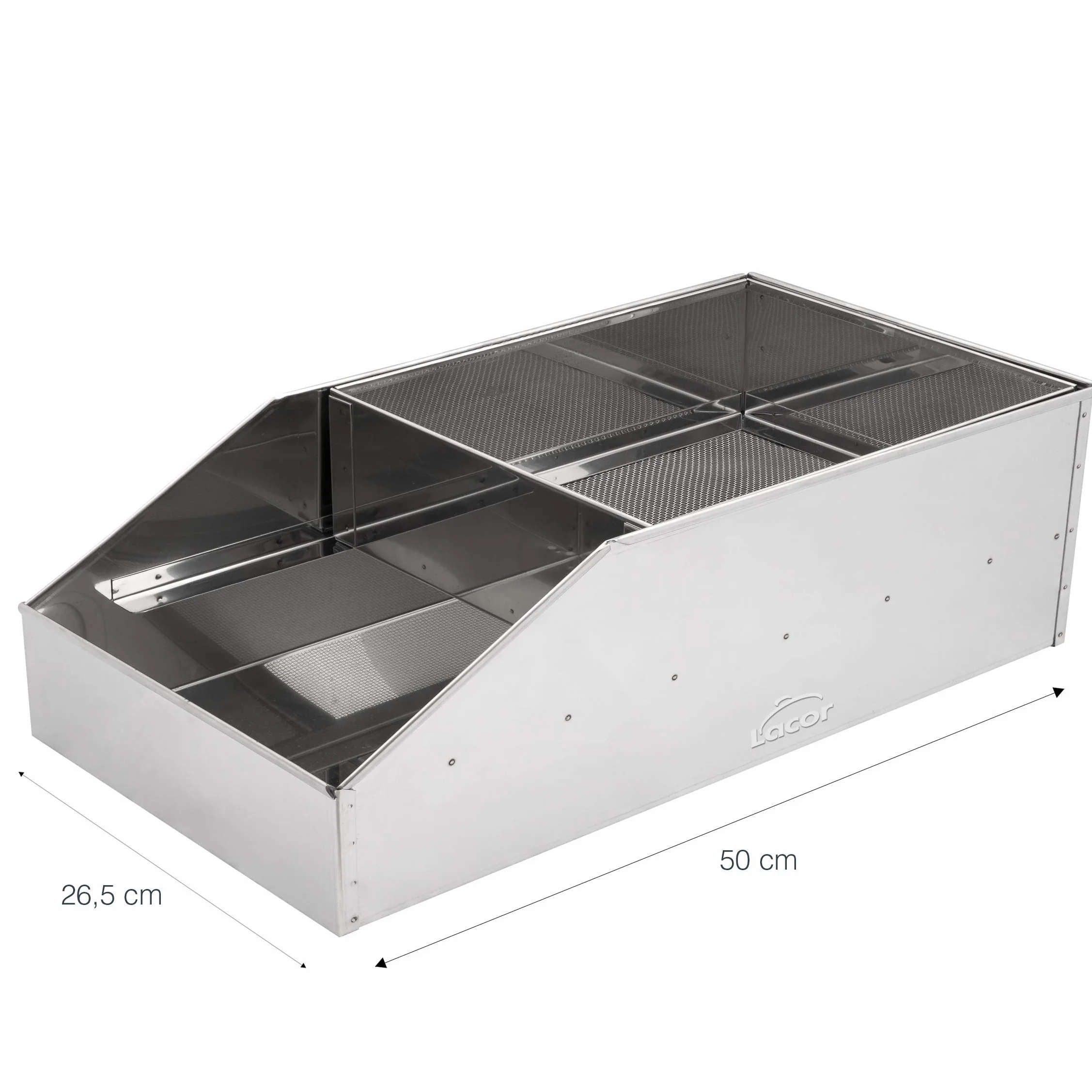 LACOR 50450 Harinero de Acero Inoxidable, Tamizador de Harina, Ideal para harinar o empanar Alimentos, Fácil Limpieza, para Cocinas Profesionales, Plata, 18 x 50 x 26.5 cm
