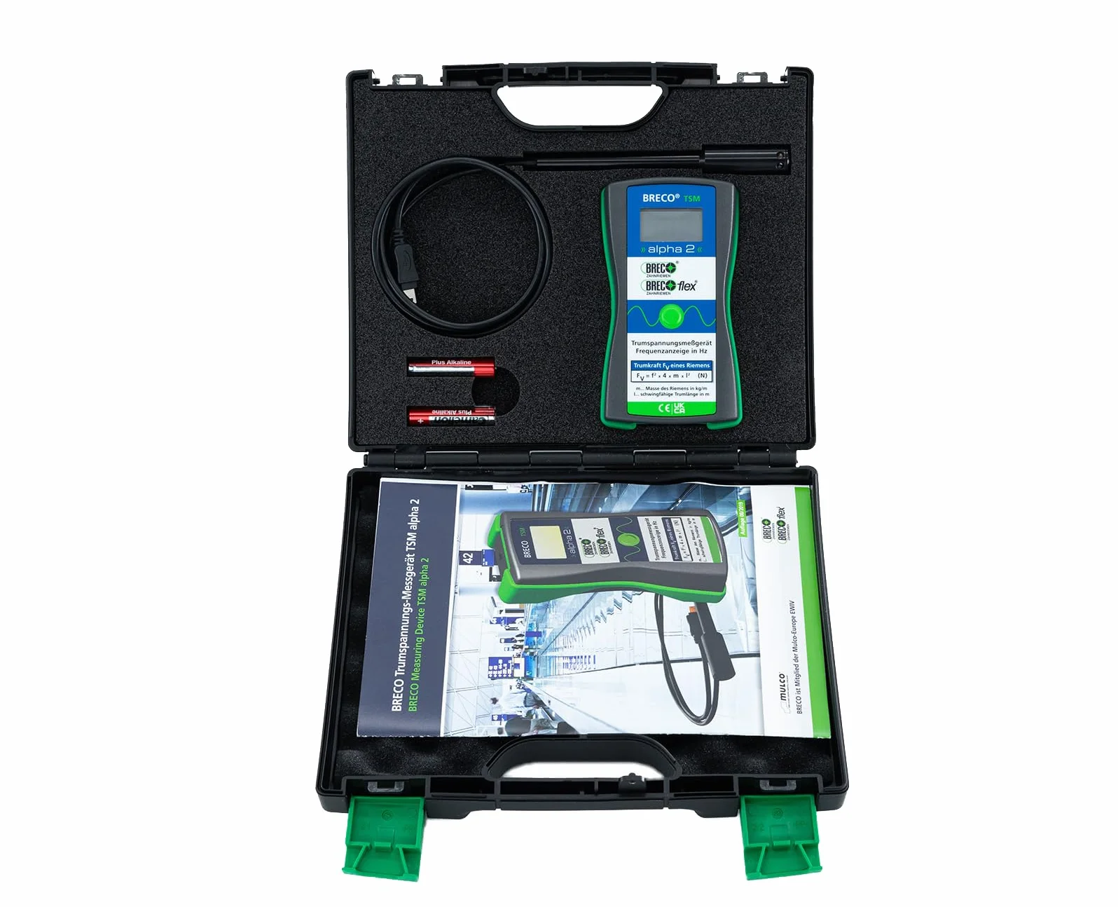Breco® Trum TSM ALPHA 2 - Medidor de tensión de correa (rango de medición de 5 a 500 Hz, pantalla LCD de 3 dígitos, sensor externo de 15,5 mm y 125 mm de longitud, cable de conexión con mini USB