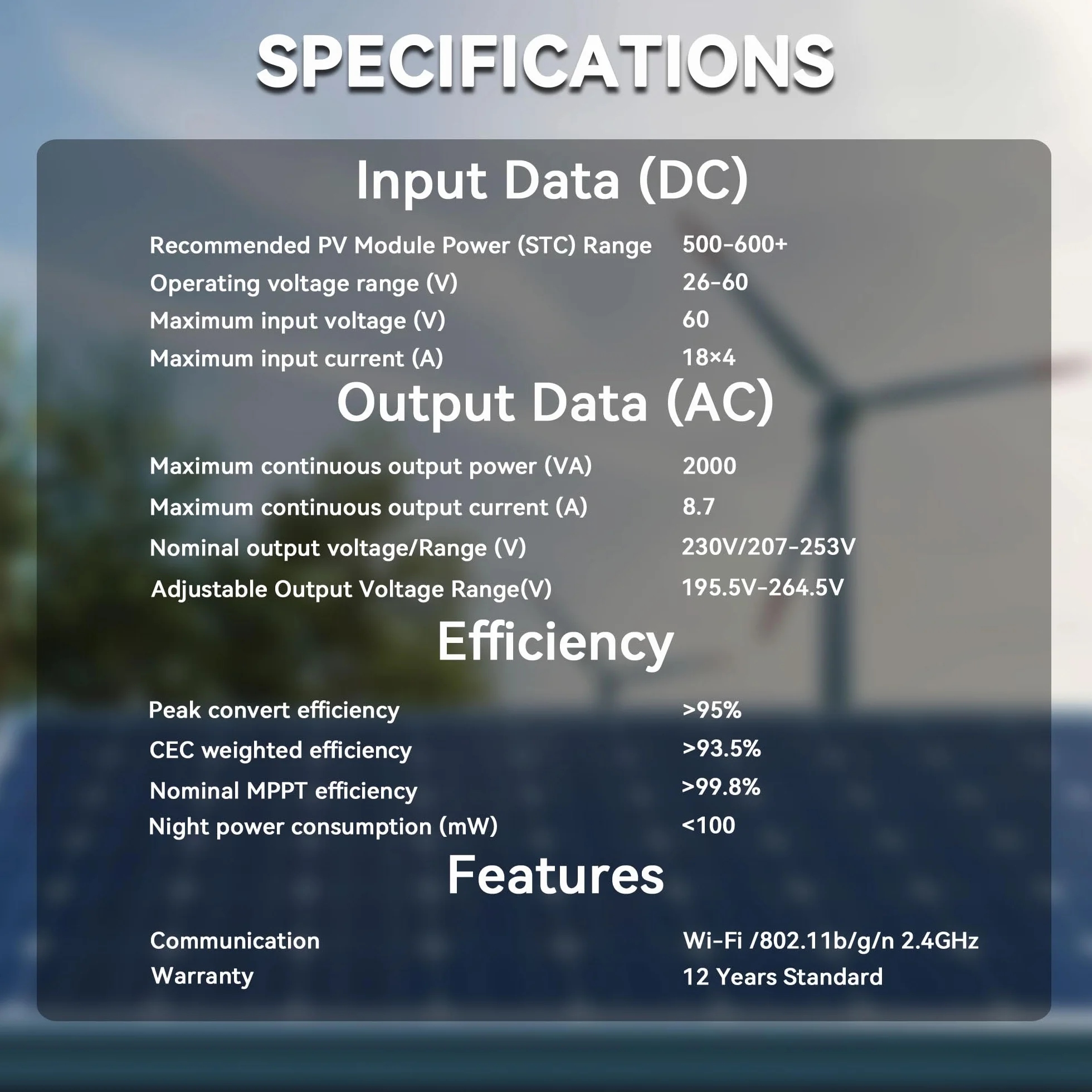 Microinversor RC de 2000W, Entrada de 26-60V CC, inversor de módulo fotovoltaico, microinversor MPPT, Compatible con monitoreo Remoto por WiFi