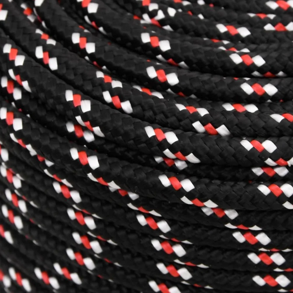 Cuerda de polipropileno negro de 10 mm de grosor, 25 m de longitud, 43 g por m, 645 kg de resistencia a la rotura, resistente a la intemperie para vela, barco, camping, fijación y seguridad