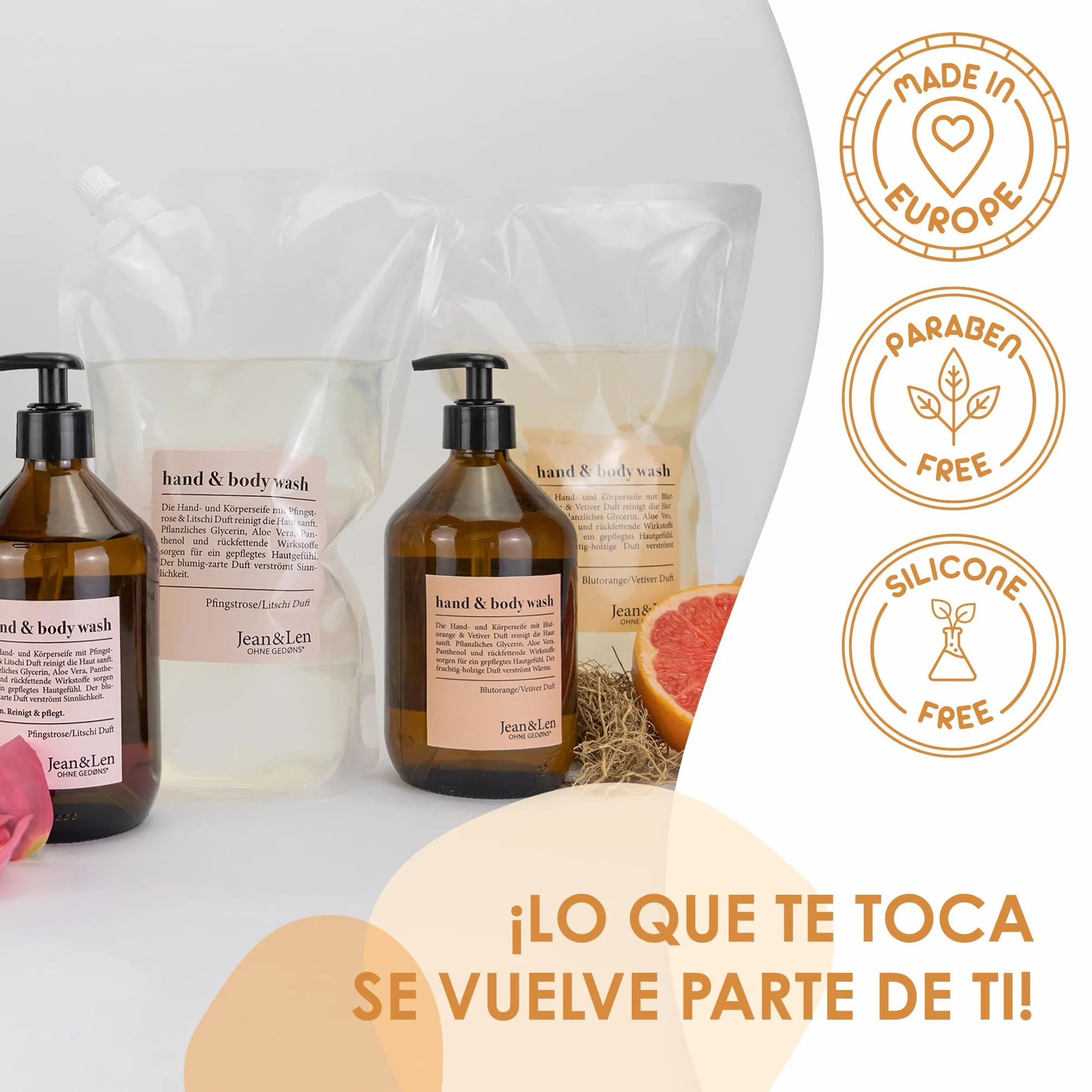 Jean & Len Hand & Body Wash Naranja sanguina y vetiver, jabón líquido en recarga, vegano, 1,5 L