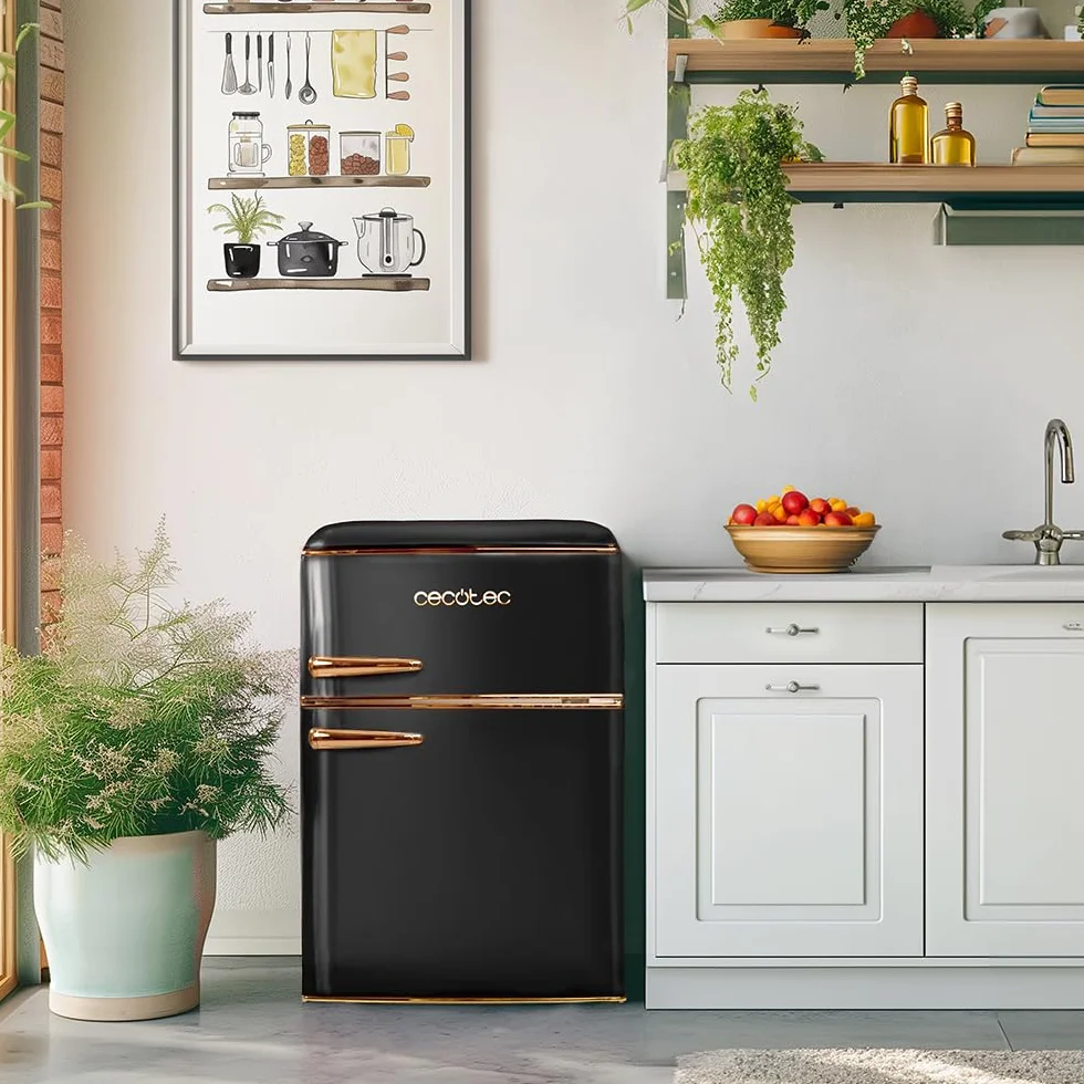 Cecotec Frigorífico 2 Puertas Retro 86L Bolero CoolMarket 2D Origin 86 Black, Clase Energética E, Icebox, Luz Interior, Tirador Cromado