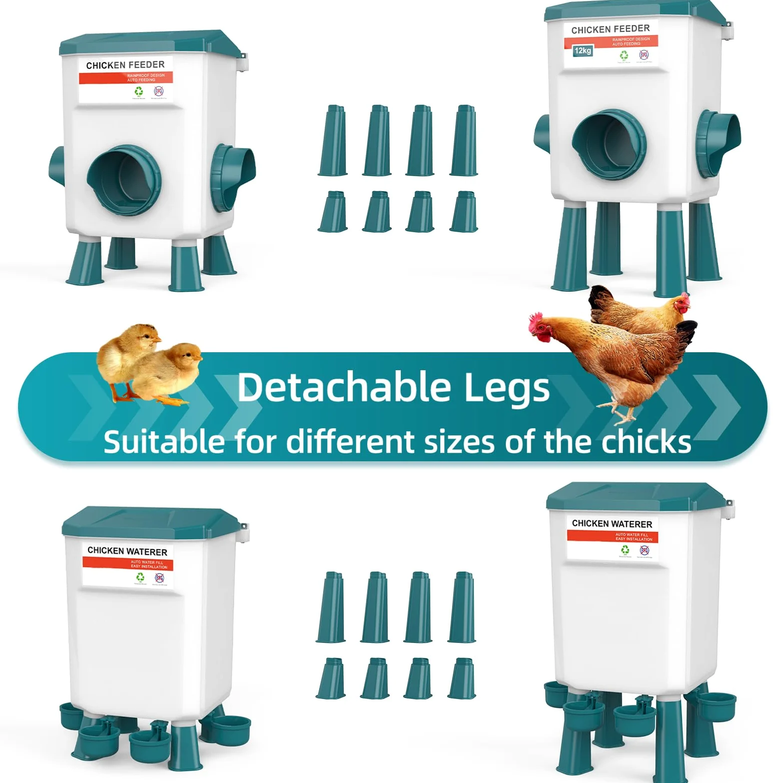 Juego de comedero de pollo de 12 kg y bebedero de 11 litros, comederos y bebederos de pollo, comederos de pollo sin desperdicios, comedero para aves de corral al aire libre con patas desmontables