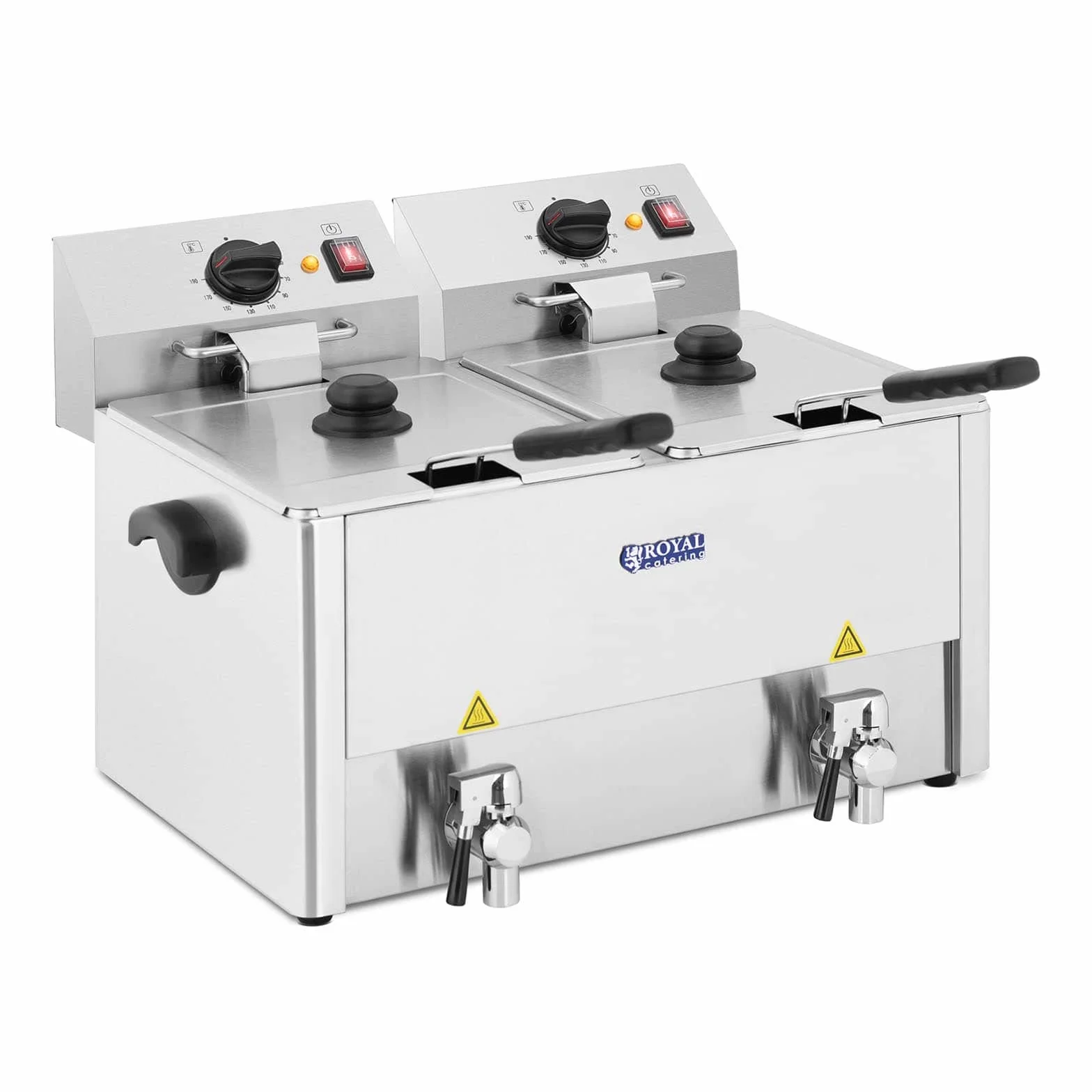 Royal Catering Freidora doble de acero inoxidable (capacidad 2 x 13 L, 2 x 3250 W, 230 V, termostato E.G.O. con grifo, incluye 2 cestas con tapa)
