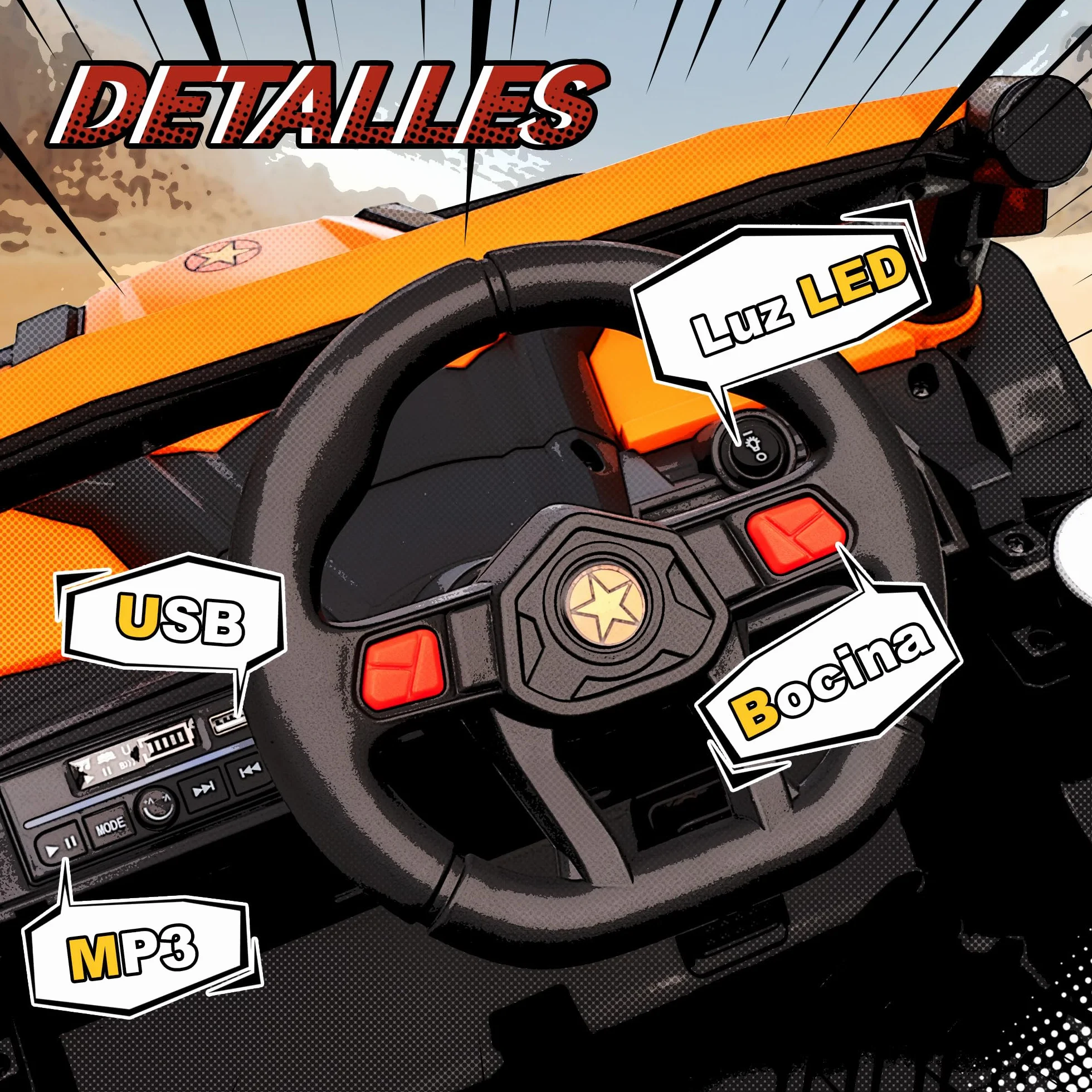 AIYAPLAY Coche Eléctrico 12V UTV 2 Motores Control Remoto 2,4G Velocidad 7 km/h Suspensión Faros USB para Niños +3 Años Naranja