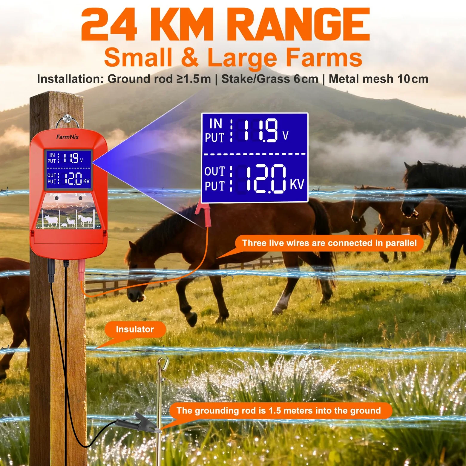 Energizador de Cercas Eléctricas 12V con Pantalla LED, Cerca Eléctrica 3J 230V para 24 KM, Alimentación Múltiple (Red/Batería/Solar), Cargador de Cercas para Ganado, Caballos y Granjas