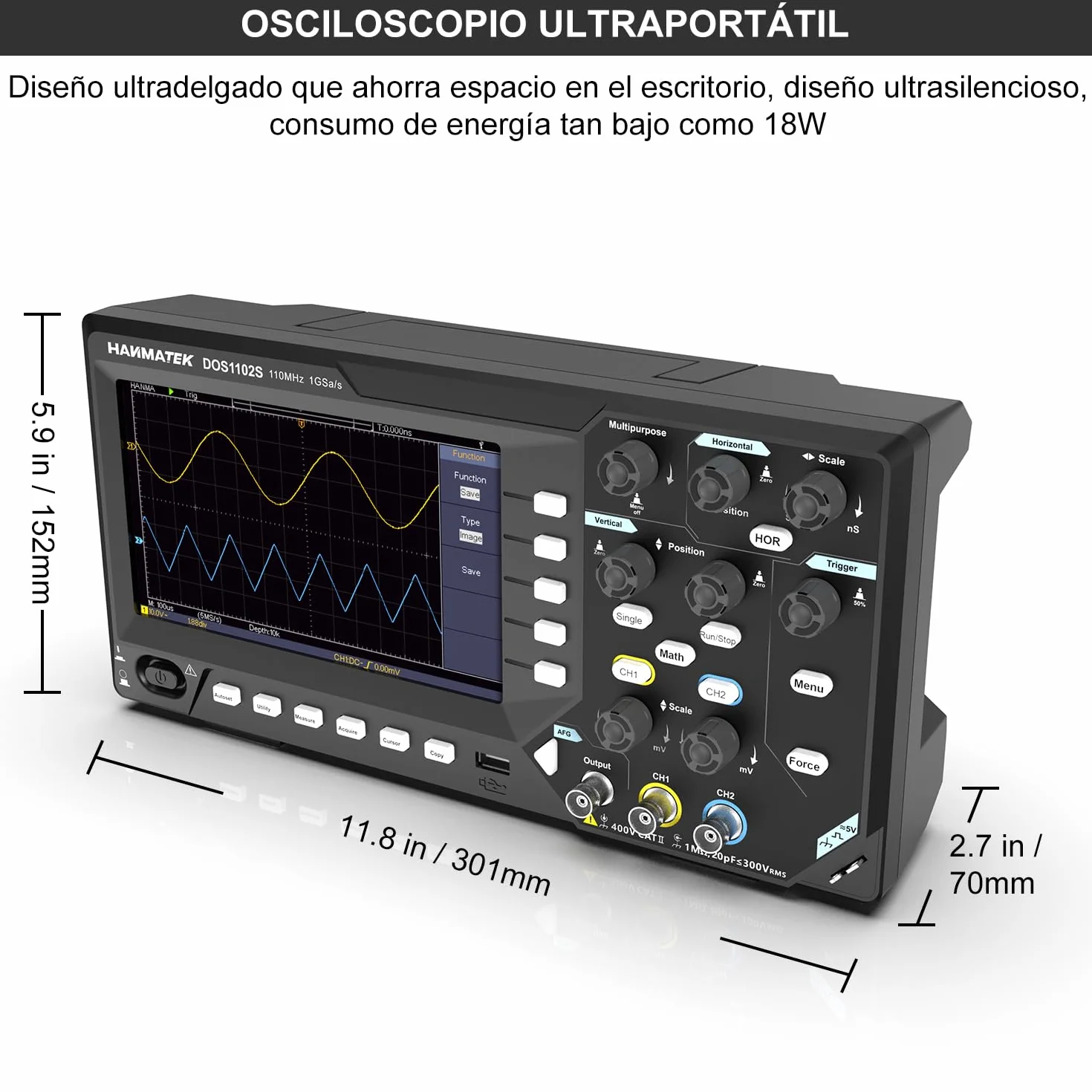 HANMATEK 2 en 1 Osciloscopio Digital Generador de señal DDS DOS1102S con Ancho de Banda de 110 mhz, 2 Canales y Pantalla TFT-LCD, Frecuencia de Muestreo de 500 MS/s *2