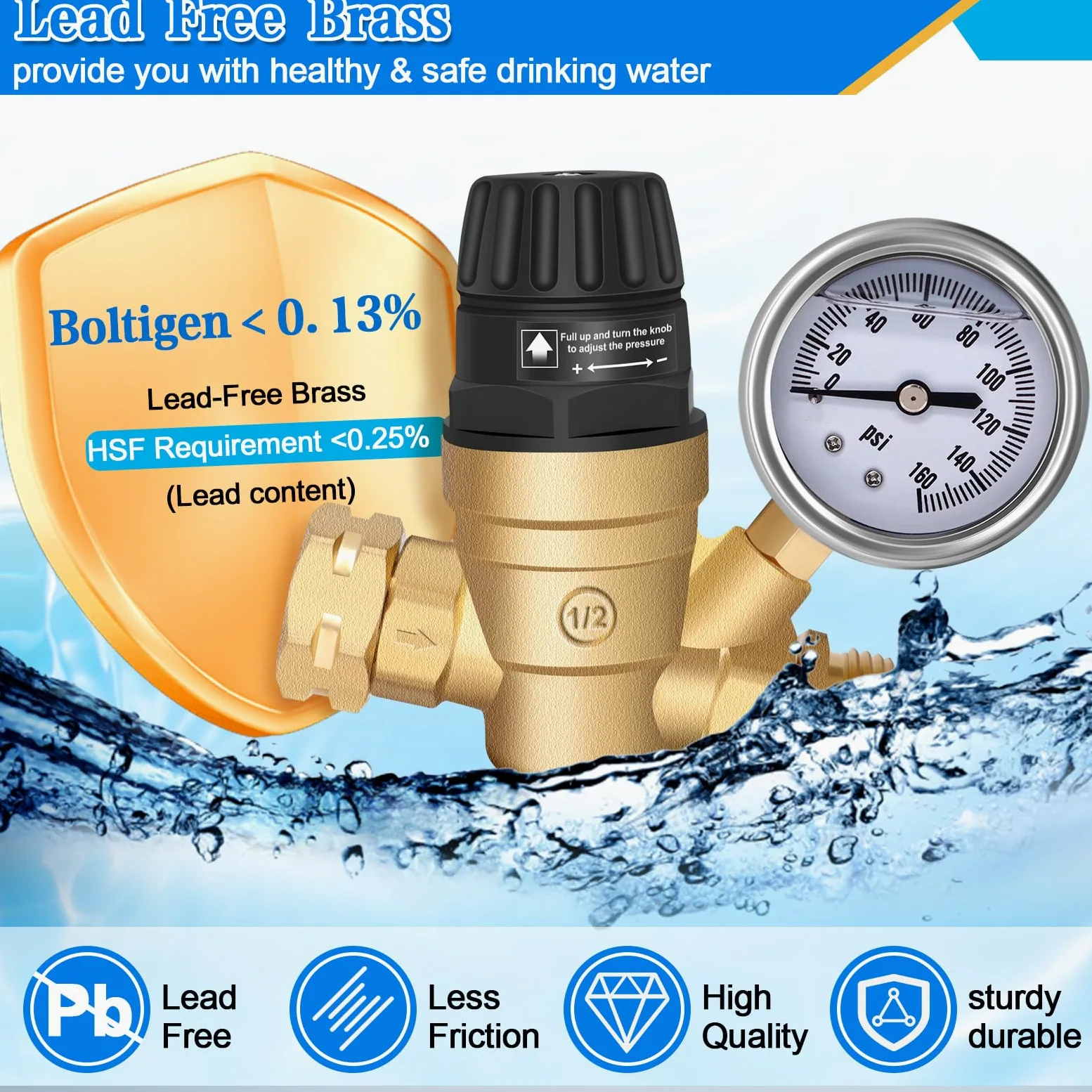 Regulador de presión de agua RV con mango ajustable, regulador de presión de agua para caravana, reductor de presión de agua mejorado para RV, ajuste de presión de agua RV estilo 1