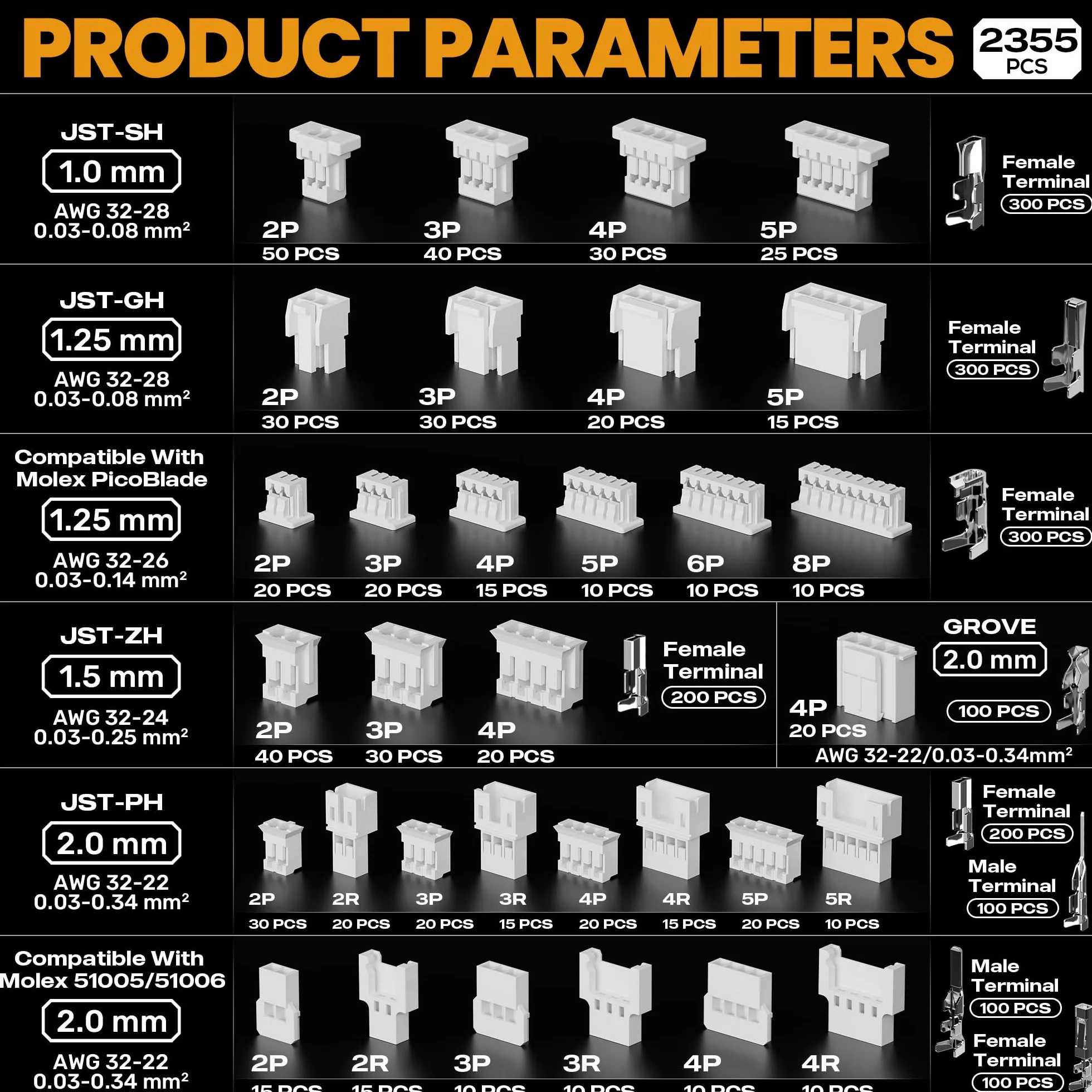 SOMELINE Kit de Crimpadora y Conectores, 41 Tipos, JST-SH 1,0mm/GH 1,25mm/ZH 1,5mm/PH 2,0mm, Compatible Molex PicoBlade 1,25mm & 51005/51006 2,0mm, Crimper 0,03-0,5mm²/32-20 AWG