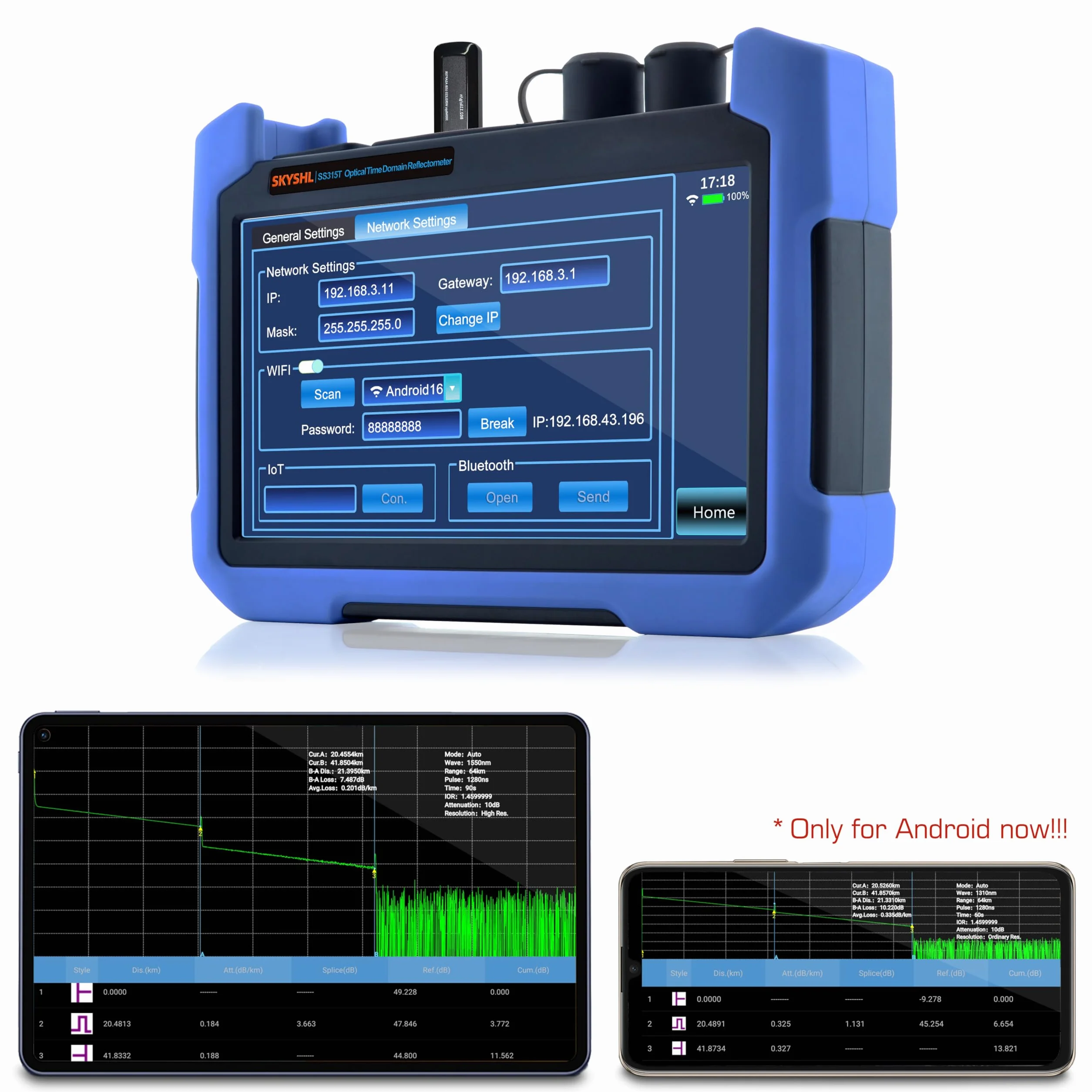 1310nm/32dB+1550nm/30dB SM OTDR Probador de Monomodo Fibra Con OPM+OLS+VFL+Mapa de Eventos+Módulo APP+Pantalla Táctil de 7” Compatible con SC+ST+FC+LC/UPC&APC-SS315T-2A1