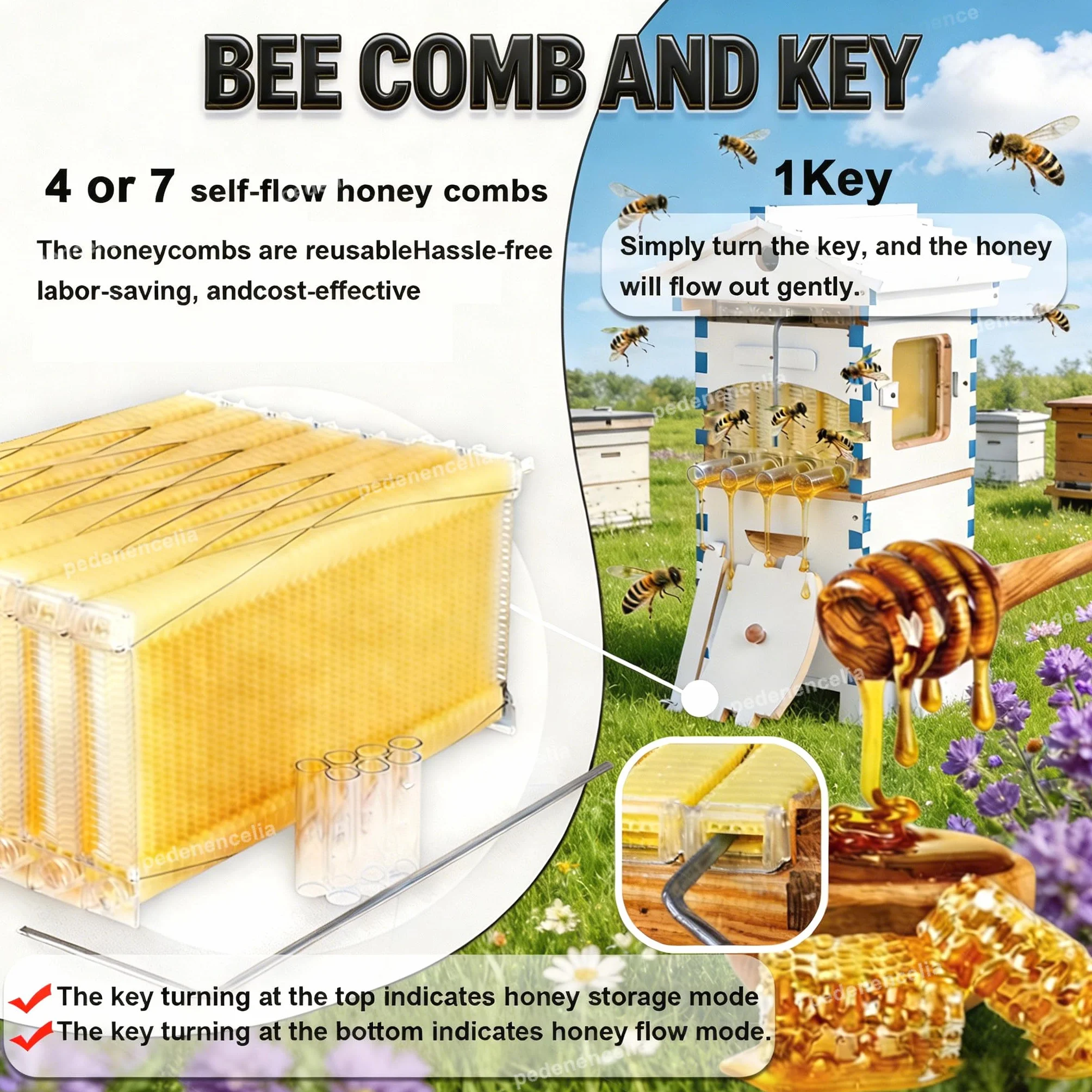 Kit De Inicio para Colmena Autofluyente, Colmena De Madera Duradera con Ventana De Observación Y Llave para La Cosecha De Miel, Juego Completo De Colmena Automática 4frame