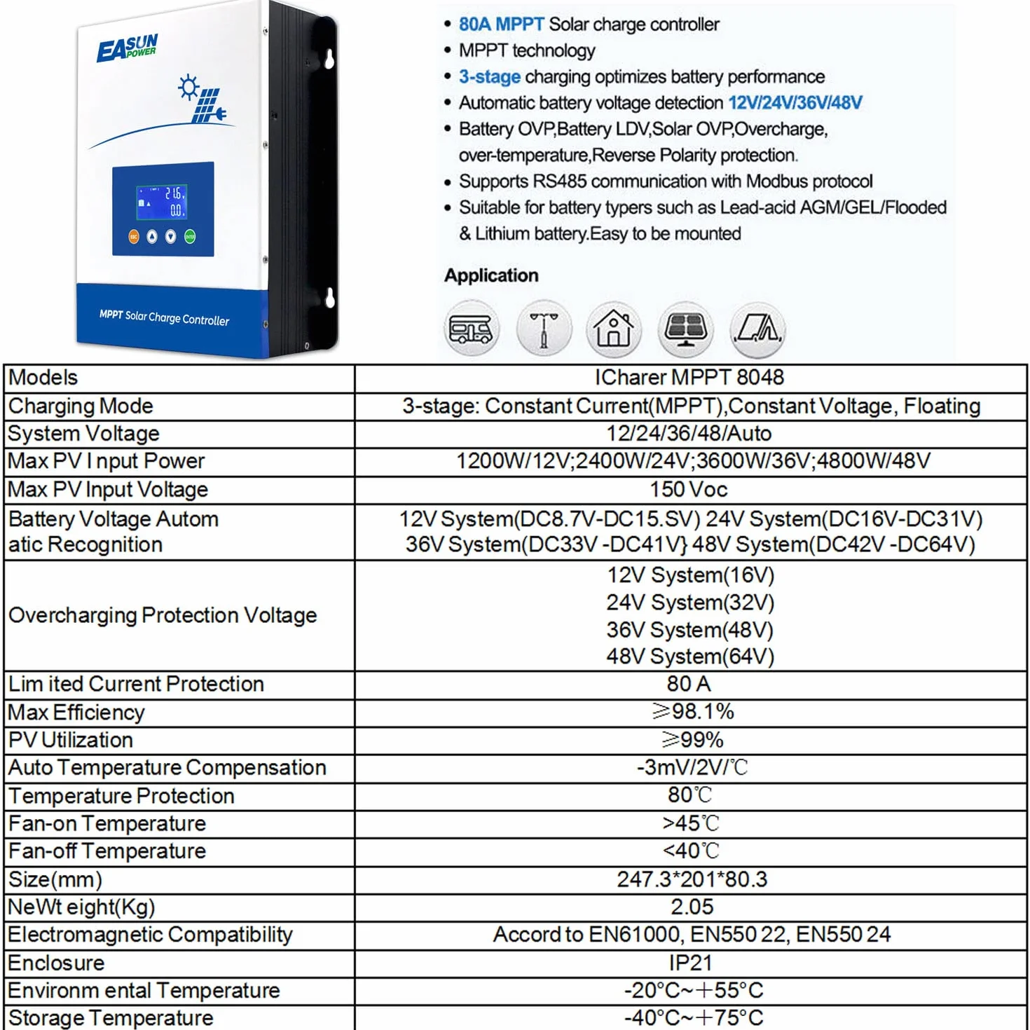 POWLAND 100A Controlador de Carga Solar 36V 12v 24v 48v Auto Detección MPPT Regulador de carga solar Lcd Ajustable Entrada FV máxima 150 V para baterías AGM SEL GEL de plomo y litio