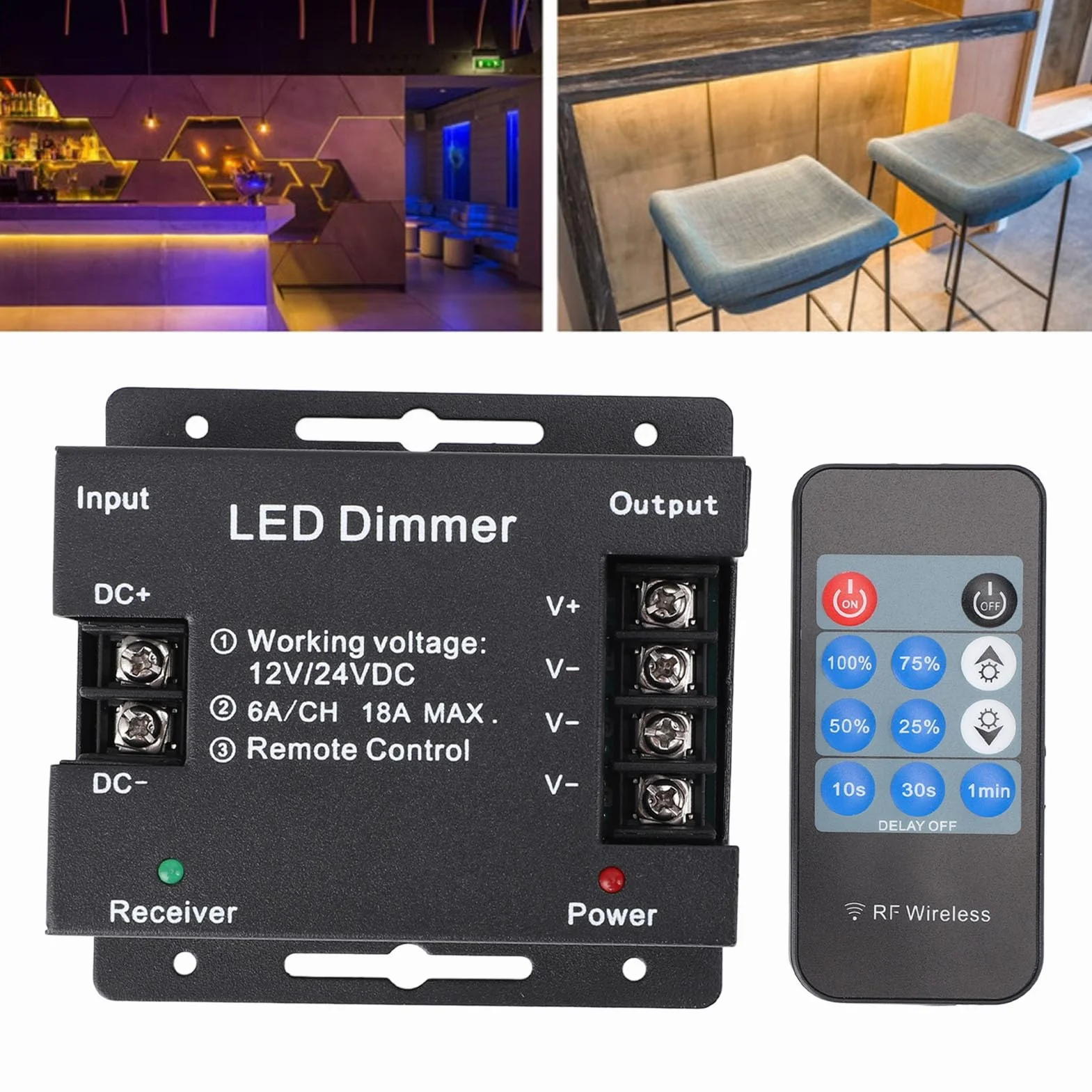 Atenuador LED Remoto Inalámbrico RF, Controlador PWM DC 12V-24V 30-50 Metros