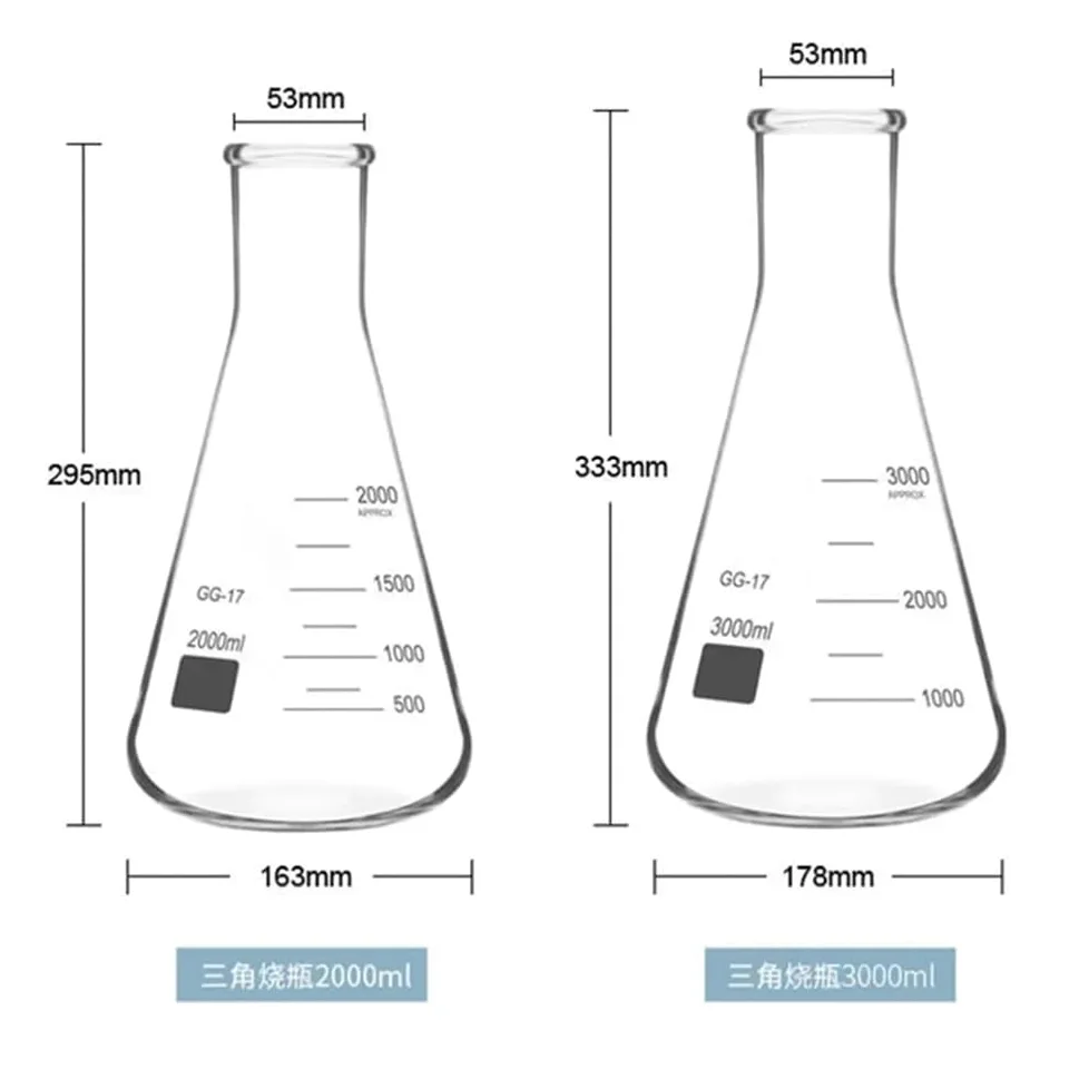 1 matraz Erlenmeyer de vidrio de boca pequeña y recta de 150-2000 ml, matraz triangular for laboratorio.(3000ml)